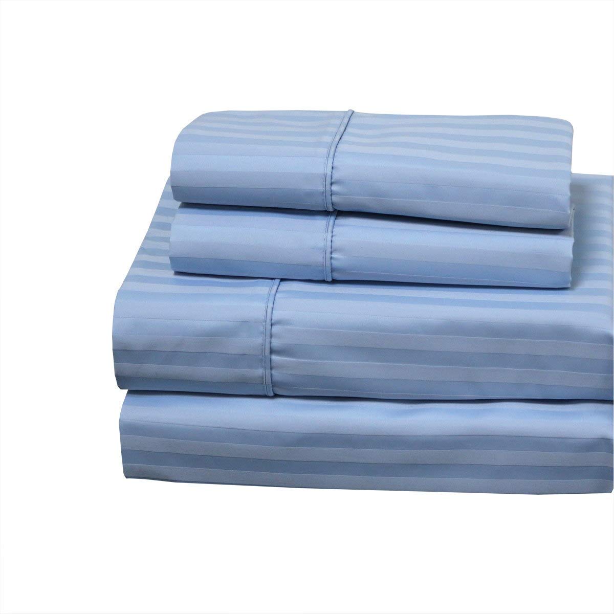 Royal Hotel 650-Thread-Count Luxury Bed Sheets Set - Wrinkle Free, Hypoallergenic Cotton Blend Sateen Sheets with Super Deep Pockets (Fits Mattress Up to 22-Inch) - 4-Piece California King Size - Blue Striped - Perfect for Hotels, Guest Rooms & Upscale Home Bedding