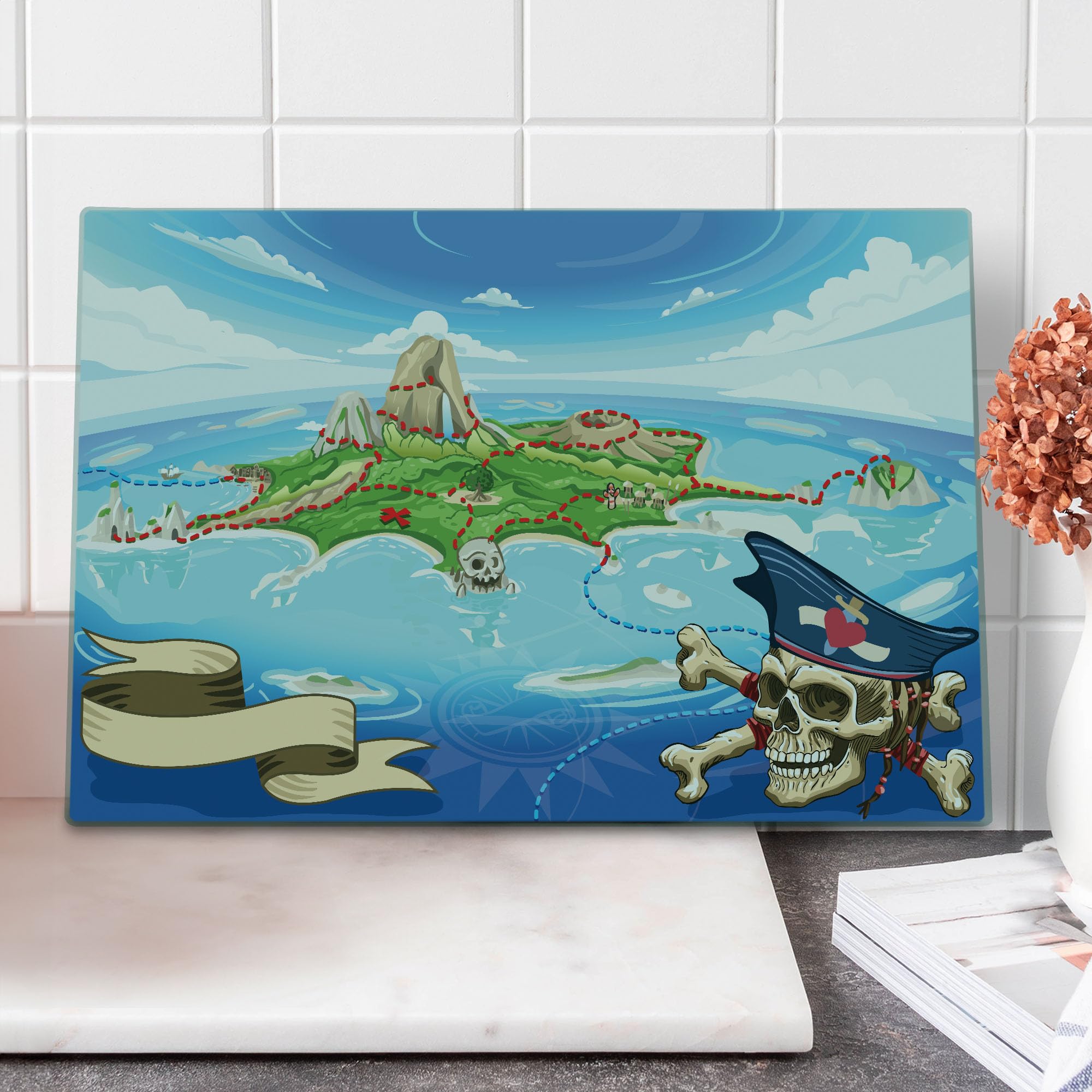 Ambesonne Pirate Island Map Cutting Board - Large Tempered Glass Serving Board with Aerial View of Fantasy Cove, Skull & Crossbones - Decorative Kitchen Accessory for Cooking, Entertaining & Gifts