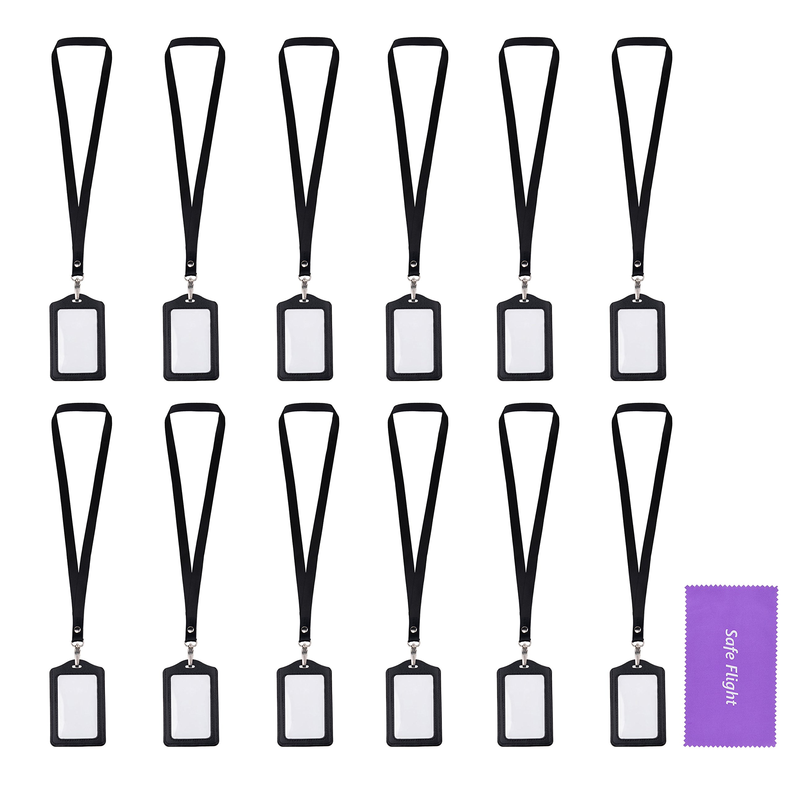 12 Pack Faux Leather Lanyards with ID Windows - for Badge, Name Tag & Business Card - Safe Flight Retail Pack