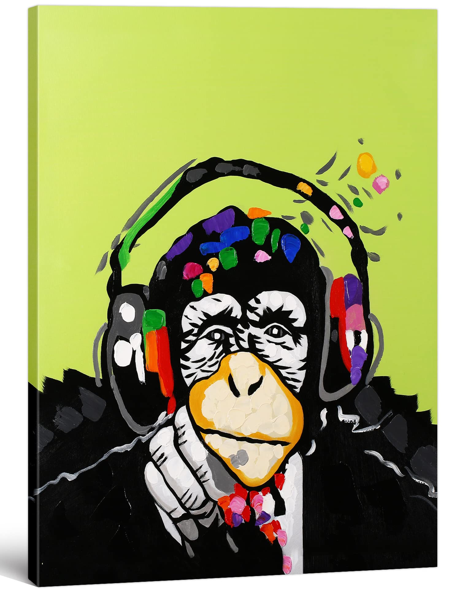 Modern Animal Pop Art Framed Canvas Print - Monkey Music with Headphones Wall Decor for Living Room, Bedroom & Office - 27x39 Inch Gallery Wrapped Inner Frame Artwork