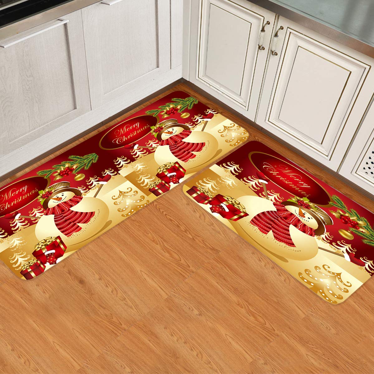 Prime Leader 2-Piece Non-Slip Kitchen Mat Set with Rubber Backing - Christmas Snowman Design (23.6
