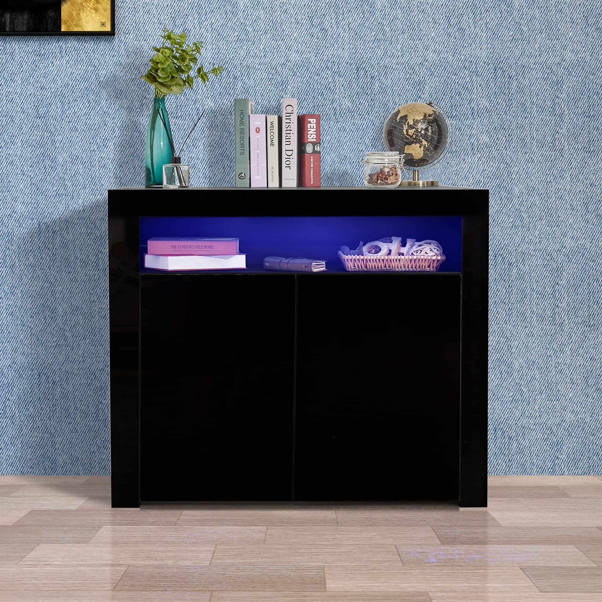 Modern High Gloss Wooden Sideboard with LED Lights - 2-Door TV Cabinet, Kitchen Storage & Display Unit for Living Room, Hallway (Black) - Perfect for Home Entertainment & Stylish Storage Solutions