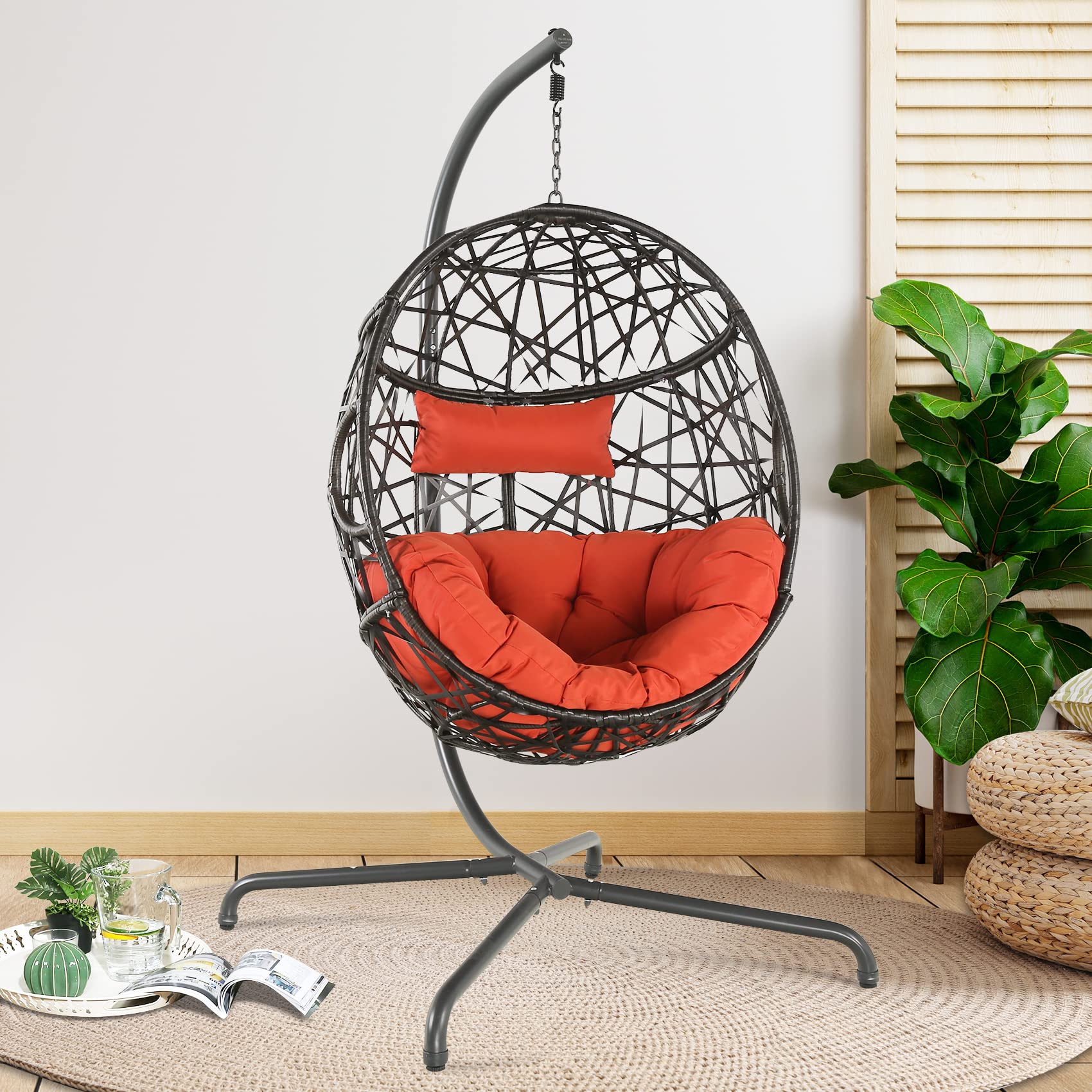 Ulax Hanging Egg Chair - Outdoor & Indoor Patio Swing Chair with UV Resistant Cushion, Wicker Rattan Hammock Basket Chair with Stand (Terracotta) - Perfect for Garden, Balcony, and Relaxation Spaces