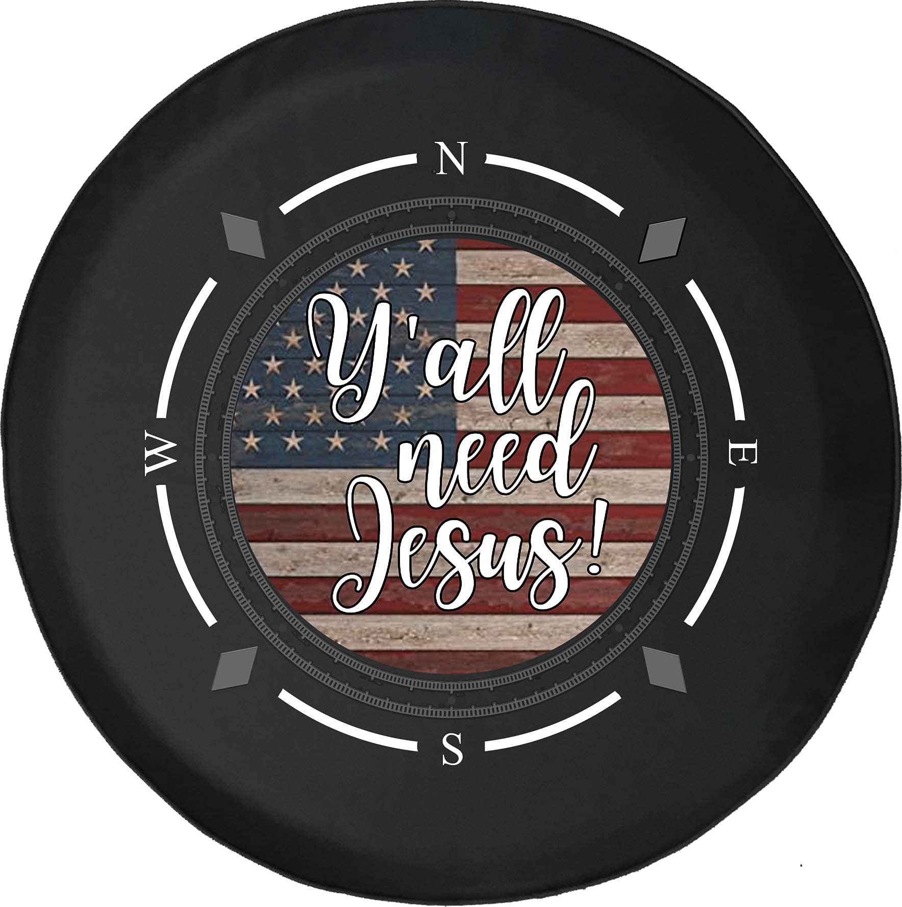 American Unlimited Spare Tire Cover with Compass Design - 'Yall Need Jesus' Faith Wheel Cover for SUV, Trailer, RV & Most Vehicles - Waterproof & Durable Accessory for Road Trips & Outdoor Adventures