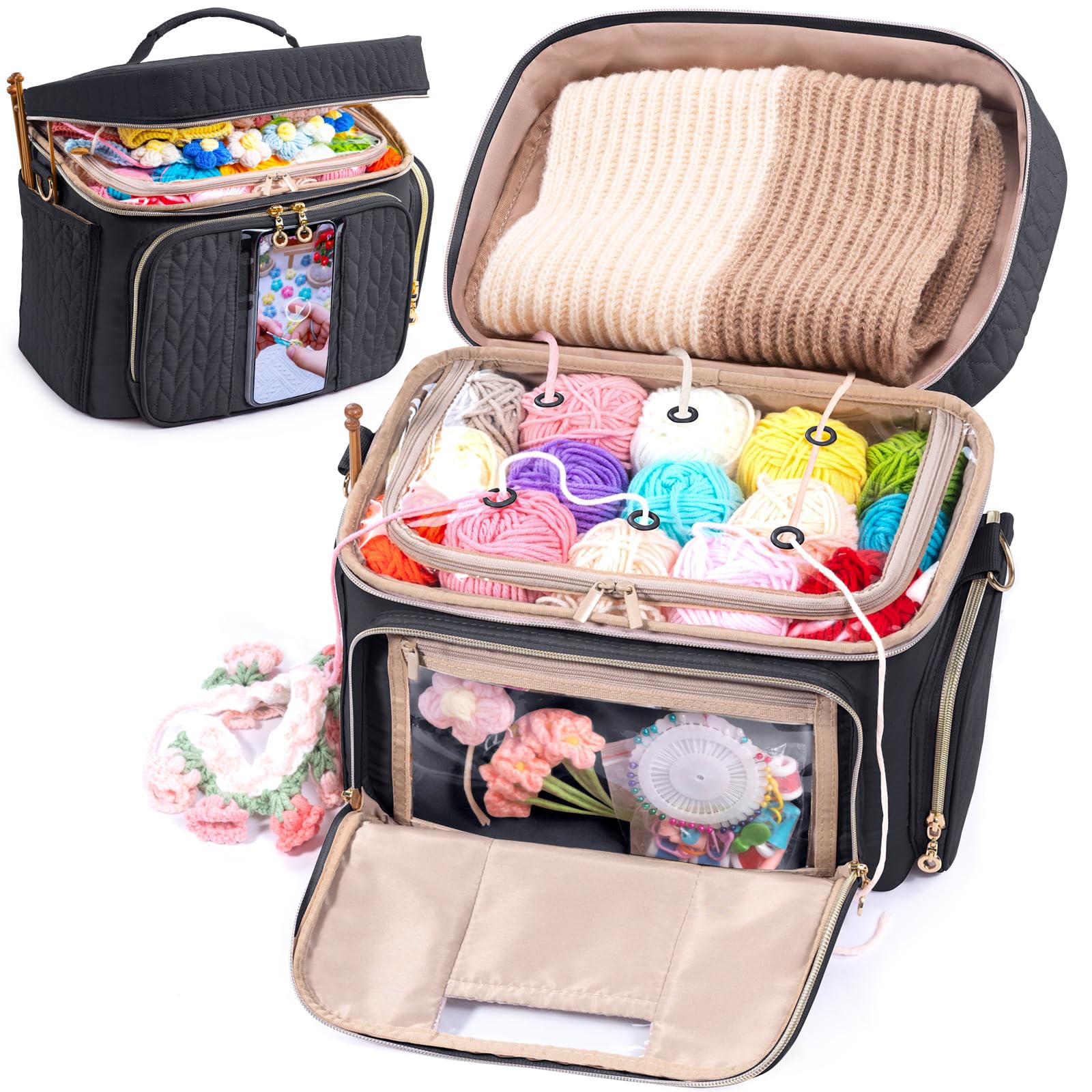 Crochet Bag Organizer with Pockets - Yarn Storage Bag for Crochet Hooks & Accessories - Portable Knitting Bag for Crafting - Perfect for Home, Travel & DIY Projects