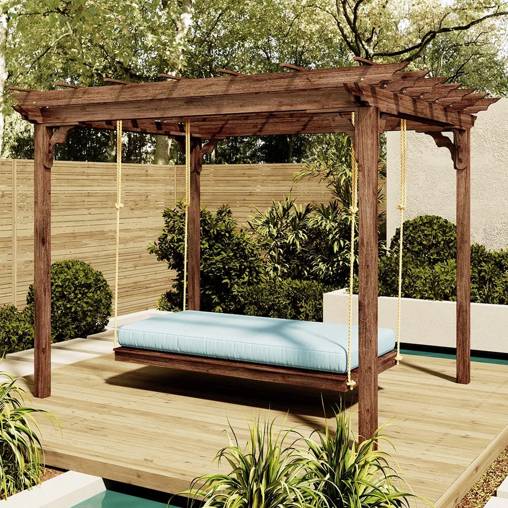 Keystone Amish Co. Laguna Red Cedar Pergola Swing Bed Set – Outdoor Patio Furniture for Backyard, Garden, and Porch Relaxation