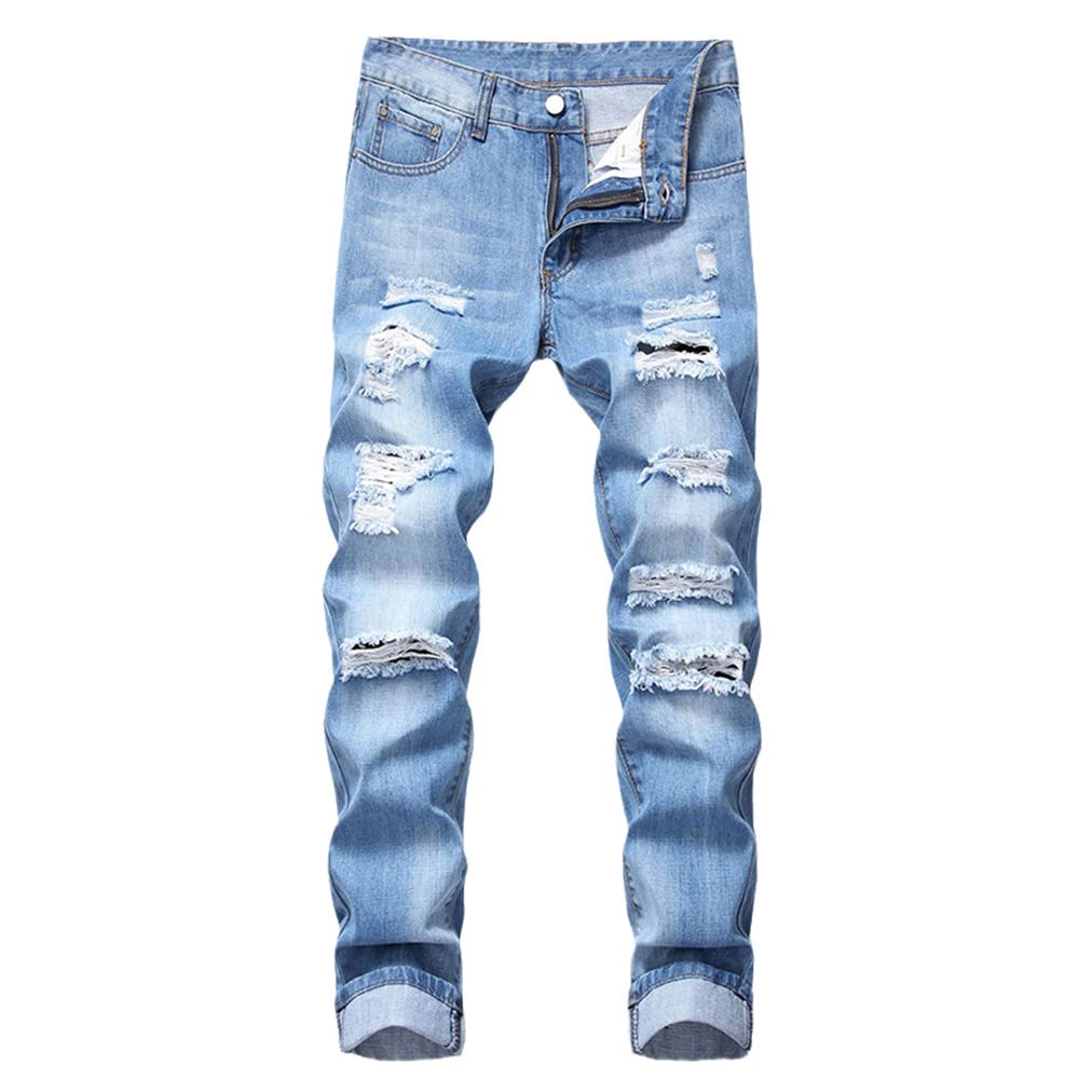 Kiioouu Men's Ripped Slim Straight Denim Jeans - Lightweight Distressed Biker Jeans for Casual Wear & Street Style