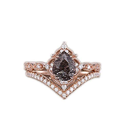 Pear Shaped Black Rutilated Quartz & Rose Gold Engagement Ring Set - 2pc Antique Stacking Rings with Chevron Paved Design & Vine Flower Halo | Perfect for Wedding Bands, Anniversary Gifts & Vintage Jewelry Collections