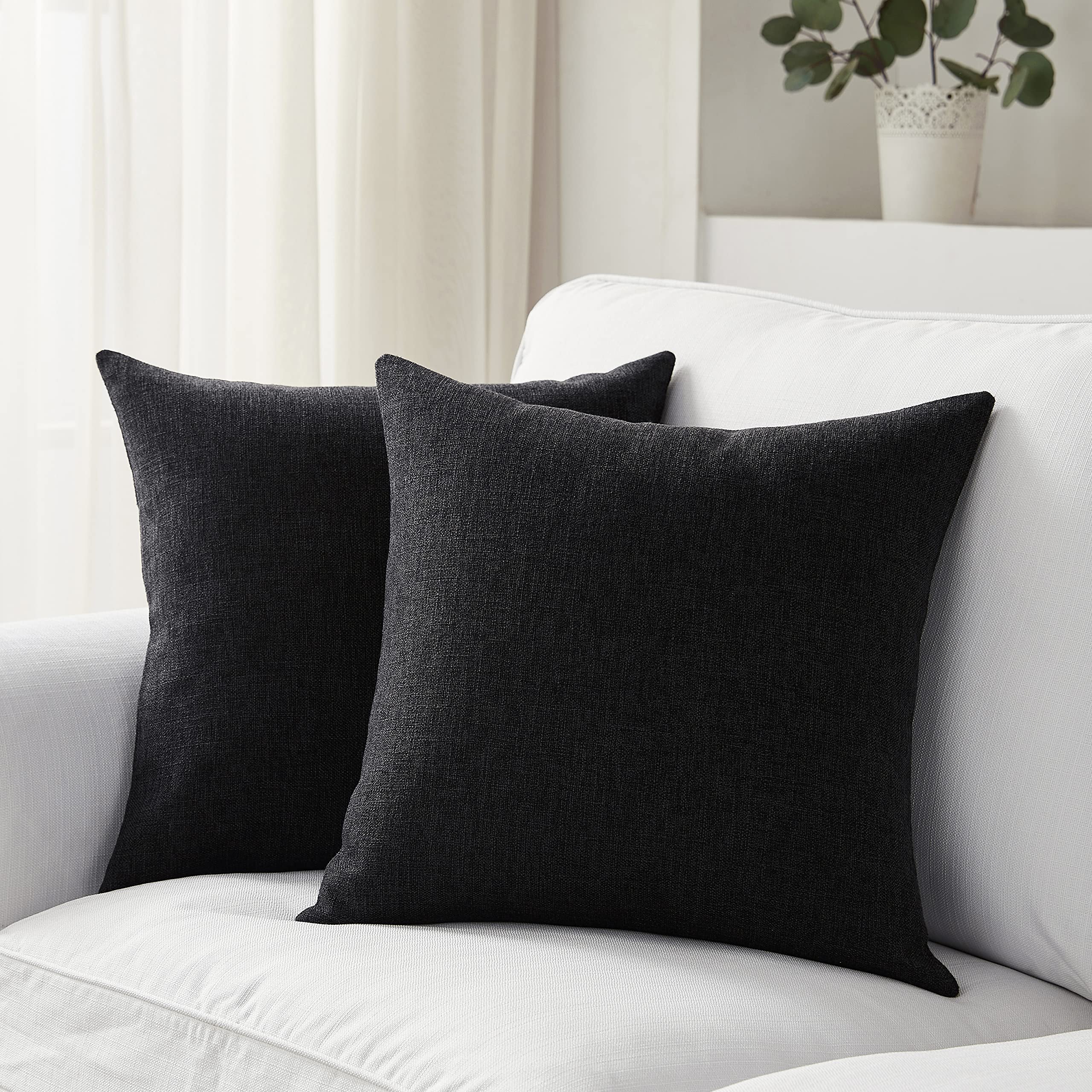 Meekio Set of 2 Black Linen Pillow Covers 18x18 Inch - Farmhouse Boho Decorative Throw Pillow Cases for Sofa, Couch & Bed - Perfect for Living Room, Bedroom & Home Décor