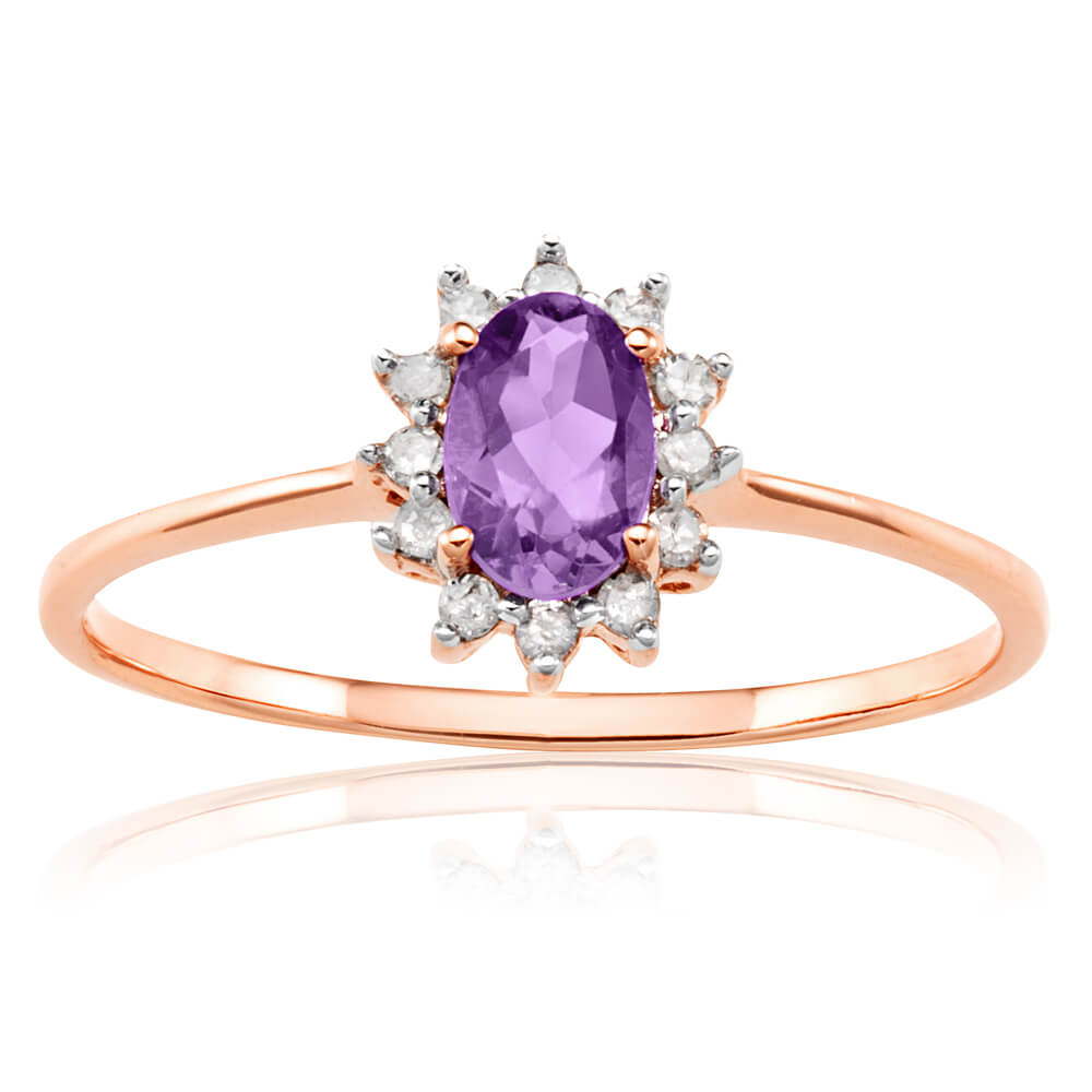 9ct Rose Gold 6x4mm Amethyst & 0.1 Carat Diamond Engagement Ring - Perfect for Valentine's Day, Anniversary & Wedding Proposals