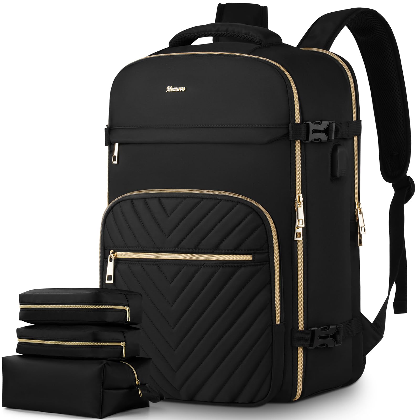Women's MOMUVO Anti-Theft Travel Backpack - 17 Inch Laptop Carry-On Backpack with USB Charging Port & Shoe Compartment | Water-Resistant Flight Approved Luggage | Perfect for Business Trips, Commuting & Weekend Getaways (Black)