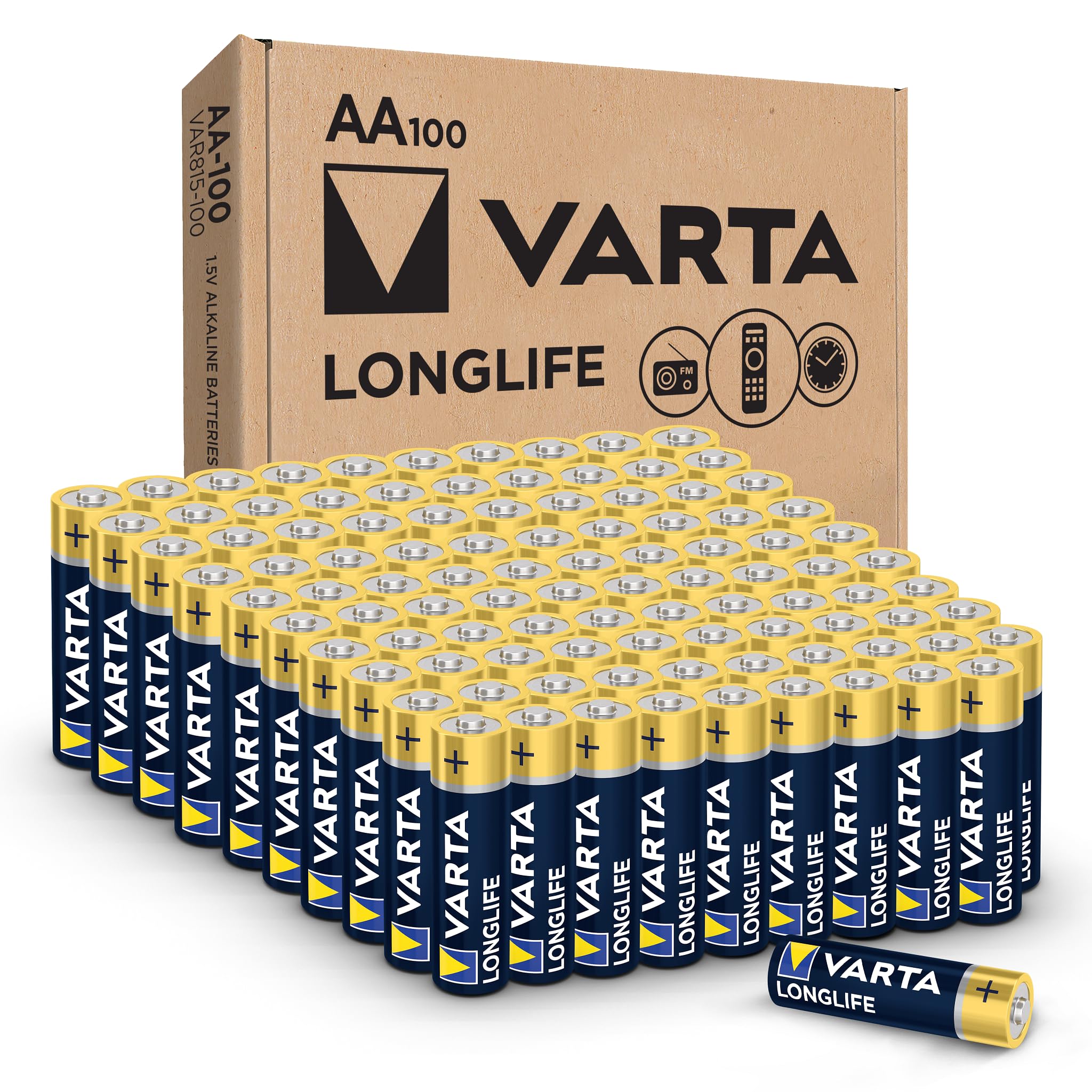 VARTA Longlife AA Alkaline Batteries (100 Pack) - Triple A High-Performance Batteries for Household Devices, Toys, Flashlights & Electronics - Long-Lasting Power Supply