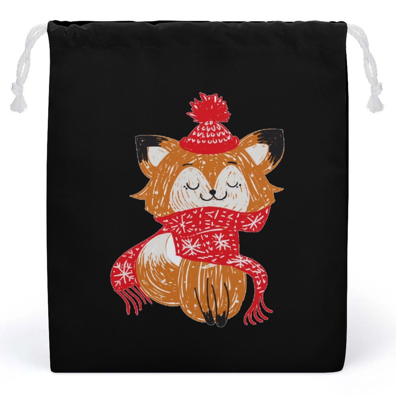 Cute Christmas Cartoon Fox Muslin Drawstring Bags - Reusable Small Gift Pouch for Holiday Presents, Party Favors & Home Storage | Eco-Friendly Fabric Gift Bags