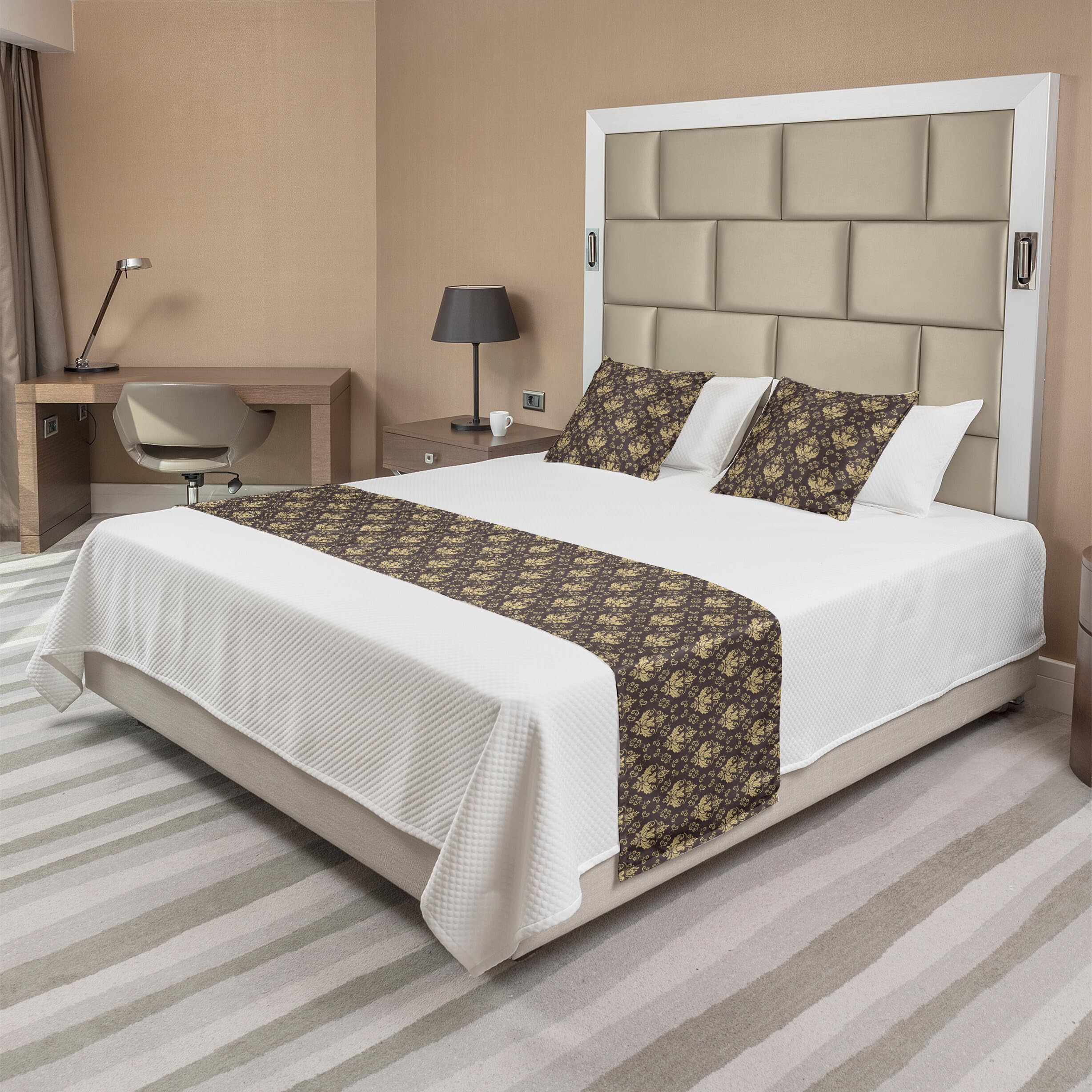 Ambesonne Moroccan King Size Bed Runner Set with 2 Pillow Shams - Oriental Damask Inspired Colonial Pattern Decorative Bed Scarf in Warm Taupe Camel - Perfect for Hotel & Home Bedroom Decor