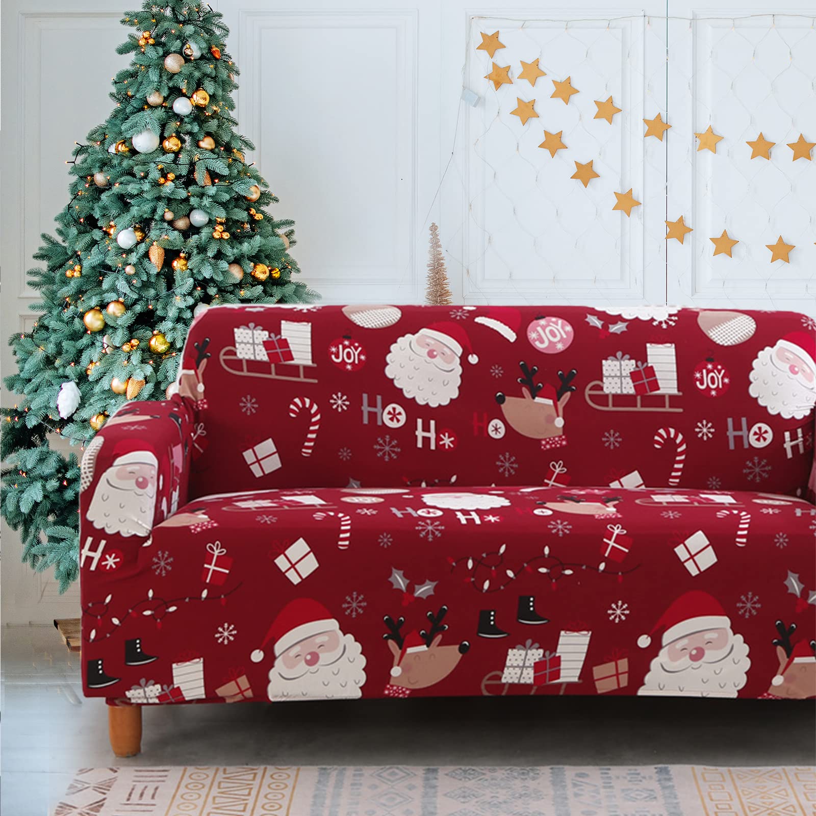 MyBedsoul Santa Claus Printed Christmas Sofa Cover - Washable Elastic Furniture Protector for 3-Seater Couch, Xmas Home Decor & Room Festival Decoration (Perfect for Holiday Gatherings & Cozy Winter Evenings)