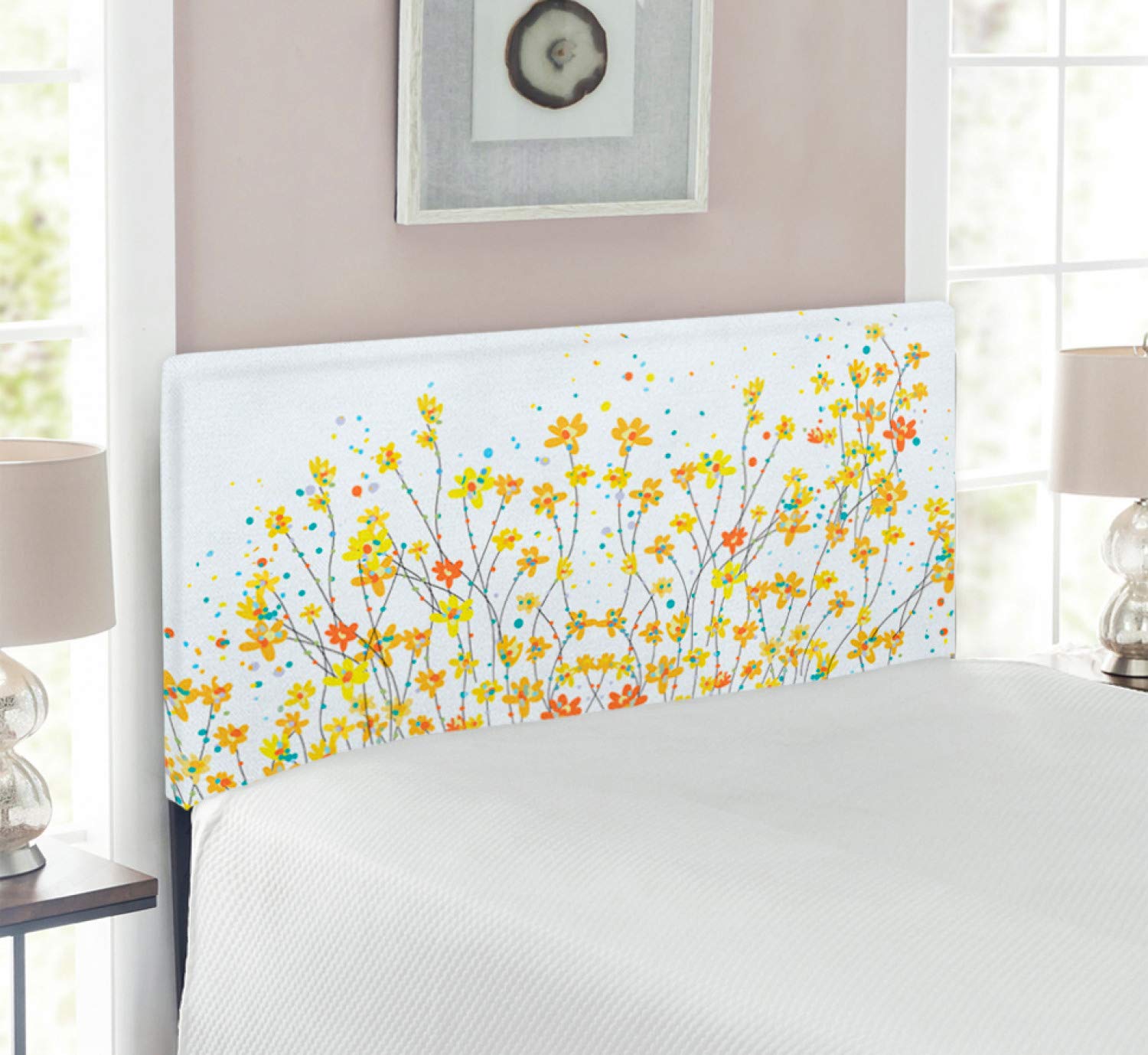 Ambesonne Daffodil Upholstered Headboard - Twin Size Yellow Orange Blue Botanical Spring Garden Theme with Memory Foam | Decorative Metal Bed Frame for Bedroom, Guest Room & Dorm