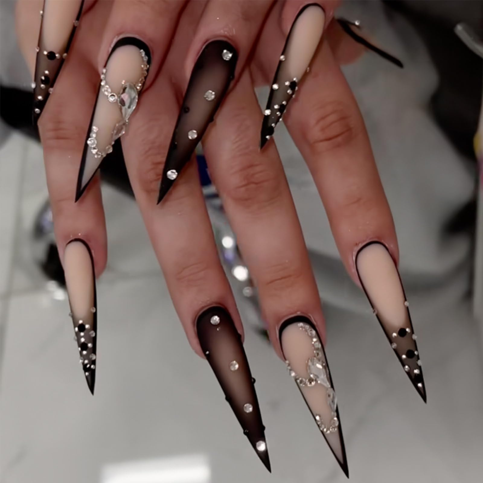 Luxury Brown Press On Nails - 24Pcs Long Stiletto Fake Nails with French Tips, Rhinestones & Goth Black Ombre Designs | Glossy Acrylic Glue On Nails for Women | Perfect for Parties, Weddings & Special Occasions
