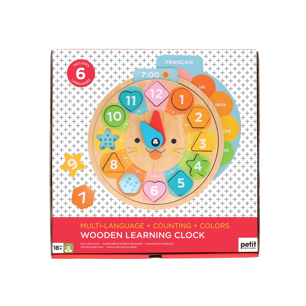 Educational Wooden Learning Clock for Kids - Multi-Language, Counting & Colors - Perfect for Preschool, Homeschool & Montessori Activities