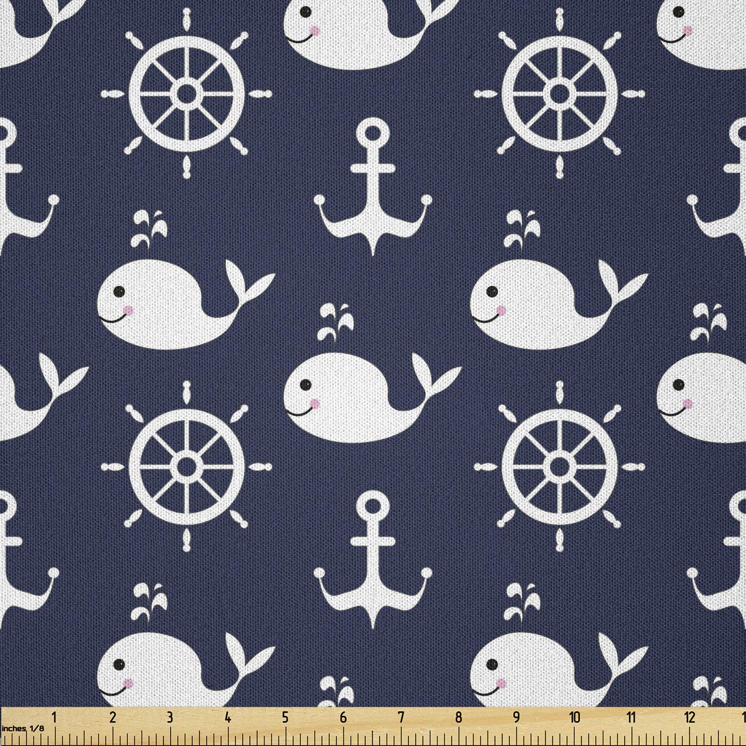 Ambesonne Navy Blue Fabric by The Yard - Maritime Whale Anchor Nautical Pattern Microfiber Fabric for DIY Crafts, Upholstery & Home Decor (10 Yards) - Perfect for Pillows, Curtains & Coastal Themed Decorations