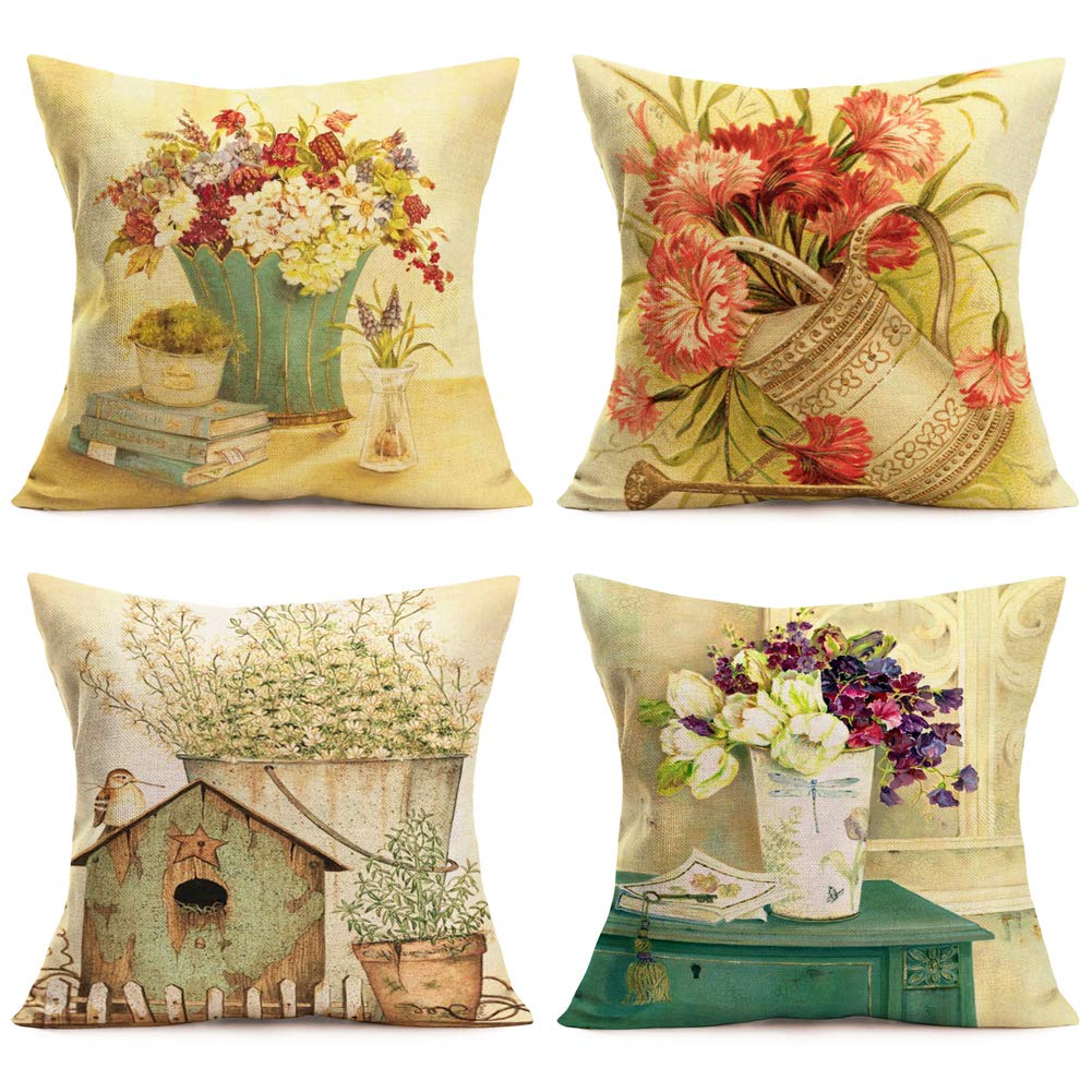 Xihomeli 18x18 Inch Floral Printed Cotton Linen Pillow Covers Set of 4 - Antique Chic Flower & Vase Design Throw Pillow Cases for Sofa, Couch, Bedroom Decor (Beige, 4-Pack) | Perfect for Living Room, Bedroom & Home Styling