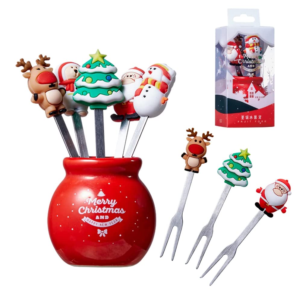 Faruxue 12-Piece Stainless Steel Fruit Picks Set with Silicone Handle - Christmas Themed Cartoon Salad Forks & Ceramic Cup Holder - Reusable Kids Food Forks for Parties, Picnics, and Holiday Gatherings