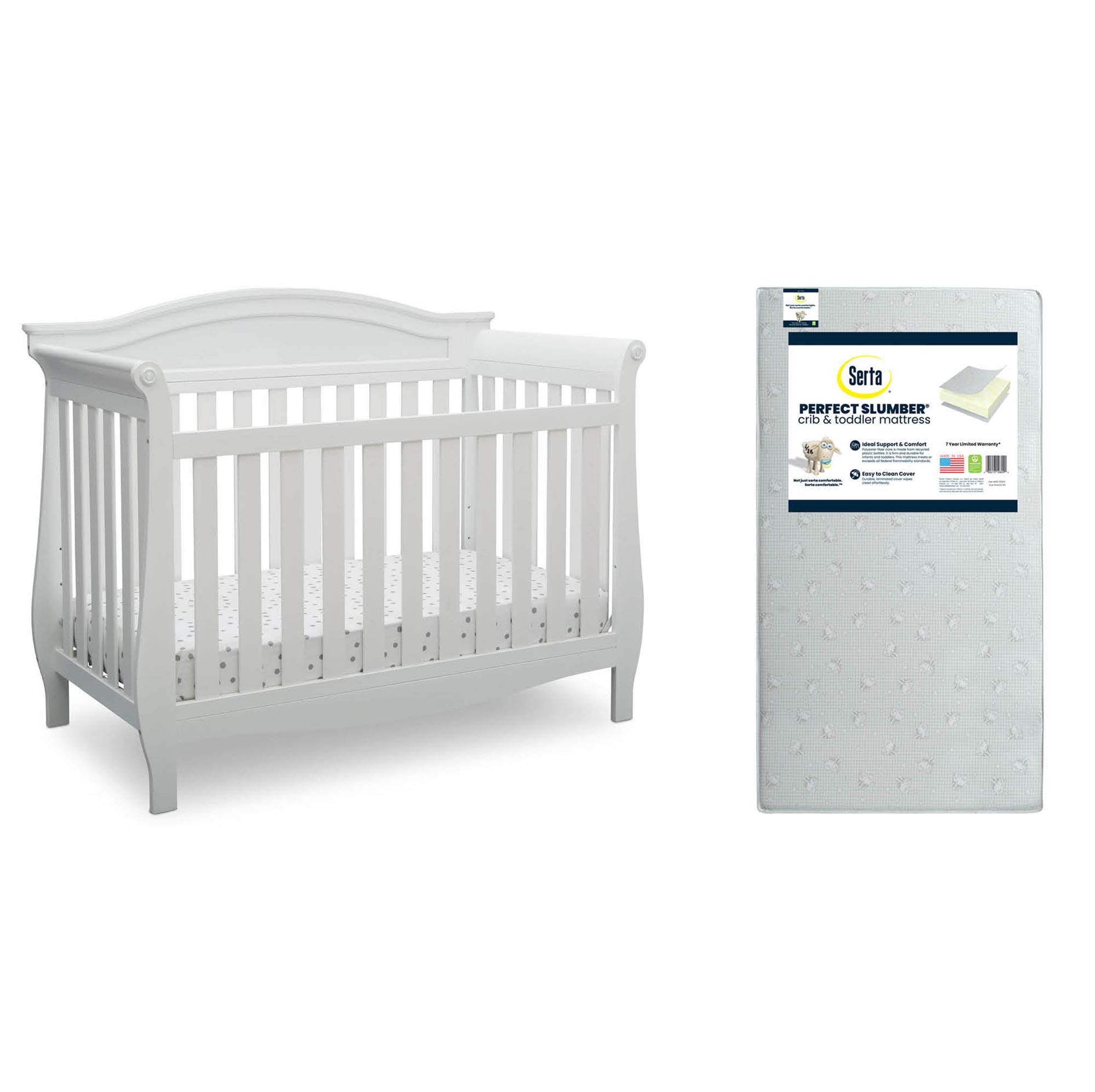 Delta Children Lancaster 4-in-1 Convertible Baby Crib in Bianca White with Serta Perfect Slumber Dual-Sided Crib Mattress - Nursery Furniture Set for Newborns to Toddlers | Safe Sleep Solution for Baby's Bedroom & Daycare Use
