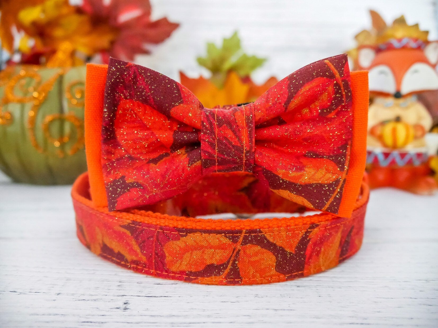 Autumn Fall Leaves Dog Collar with Adjustable Bow Tie - Perfect for Halloween, Thanksgiving & Seasonal Pet Photos