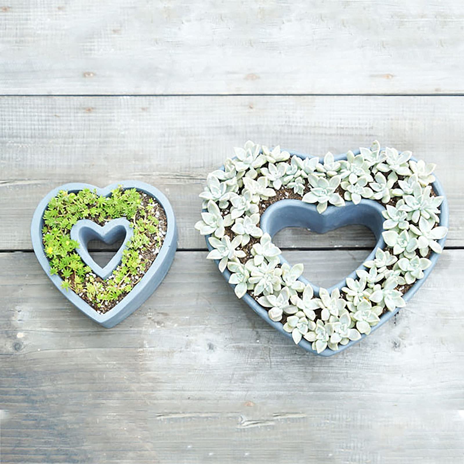 Heart Shaped Succulent Planter with Drainage Hole - 2 Pack Blue Cement Flower Pots for Outdoor Garden, Home Decor, Bonsai & Cactus (10x9x3inch) - Perfect for Patio, Wedding Centerpieces & Gift Ideas
