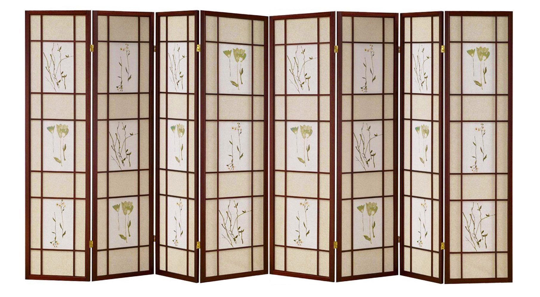Japanese Shoji Floral Print Room Divider - 8-Panel Cherry Wood Folding Screen for Home & Office Privacy | Traditional Asian Decor for Living Room, Bedroom, or Meditation Space