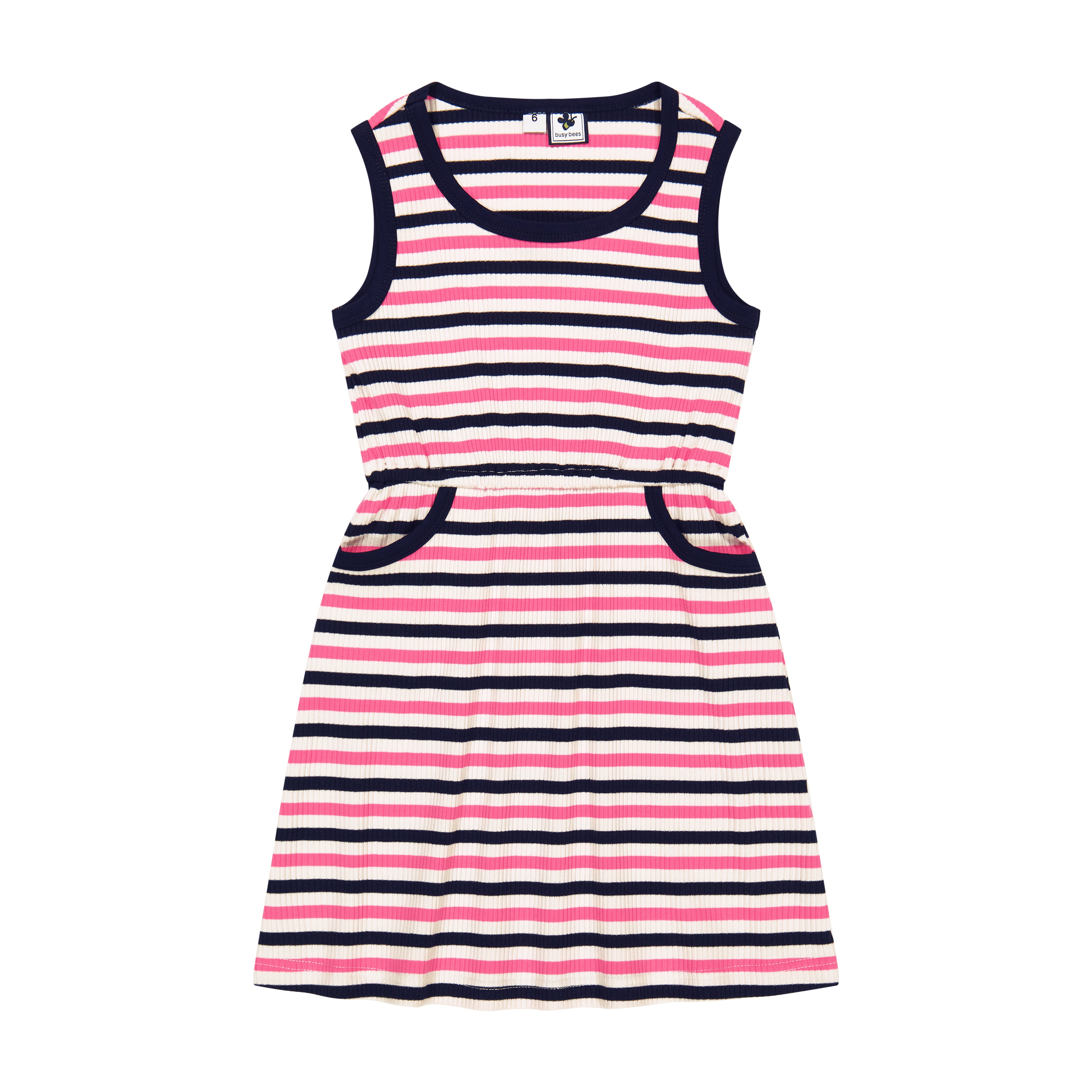 Ruby Pocket Dress - Pink, Navy & Cream Striped Floral Print Women's Summer Dress | Casual Wear, Beach Outfit, Party Dress