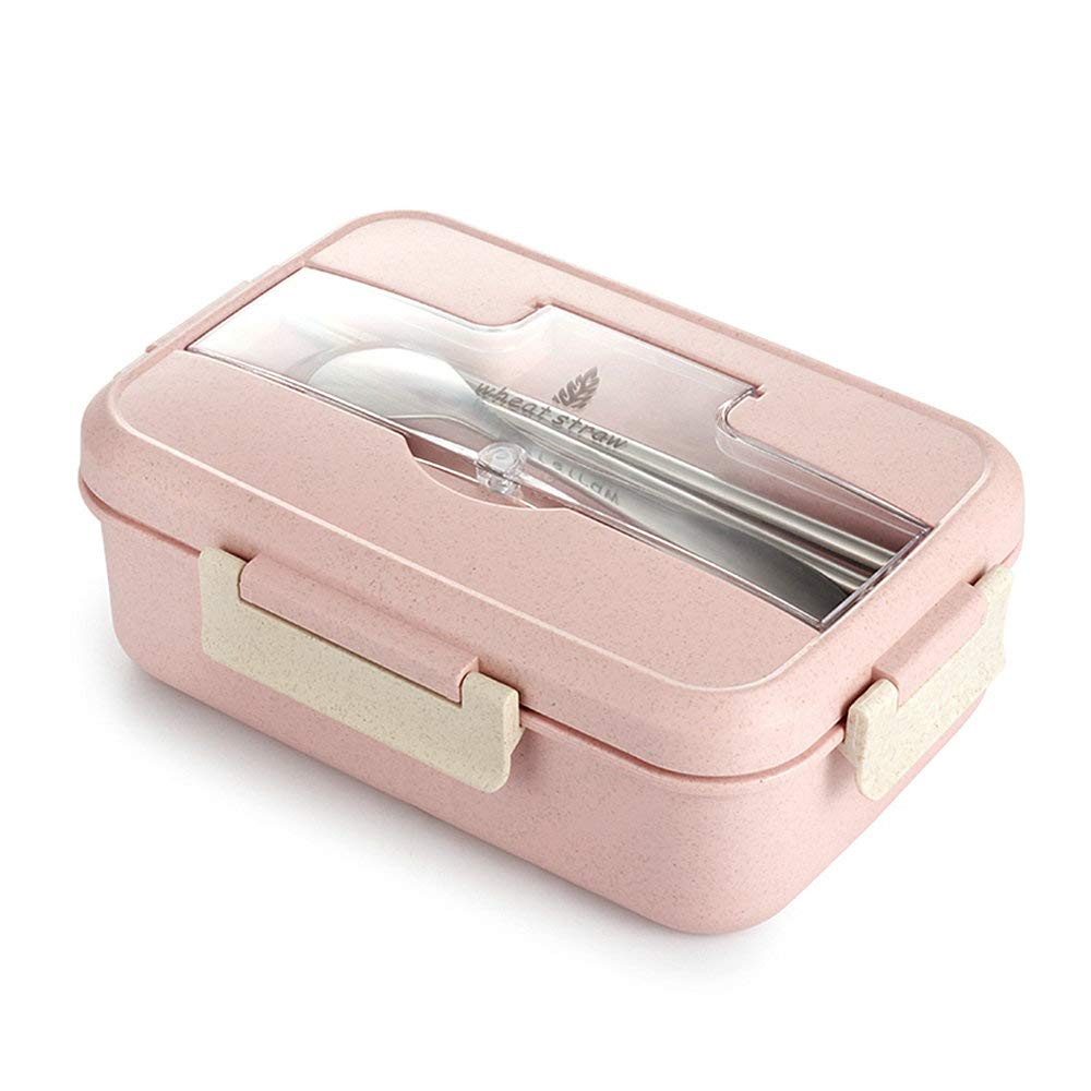 1000ML Portable Plastic Bento Box - Eco-Friendly Wheat Straw Microwave Safe Food Storage Container with Lid (Pink) | Perfect for School Lunches, Office Meals & Picnic Outings
