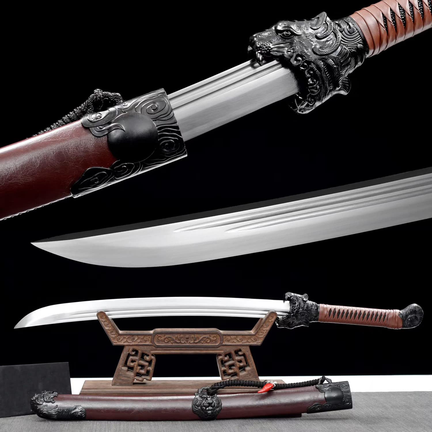 Chinese Sword - Dragon Tiger Broadsword with High Carbon Steel Blade & Leather Scabbard - Sharp Martial Arts Weapon for Training, Display, and Cosplay