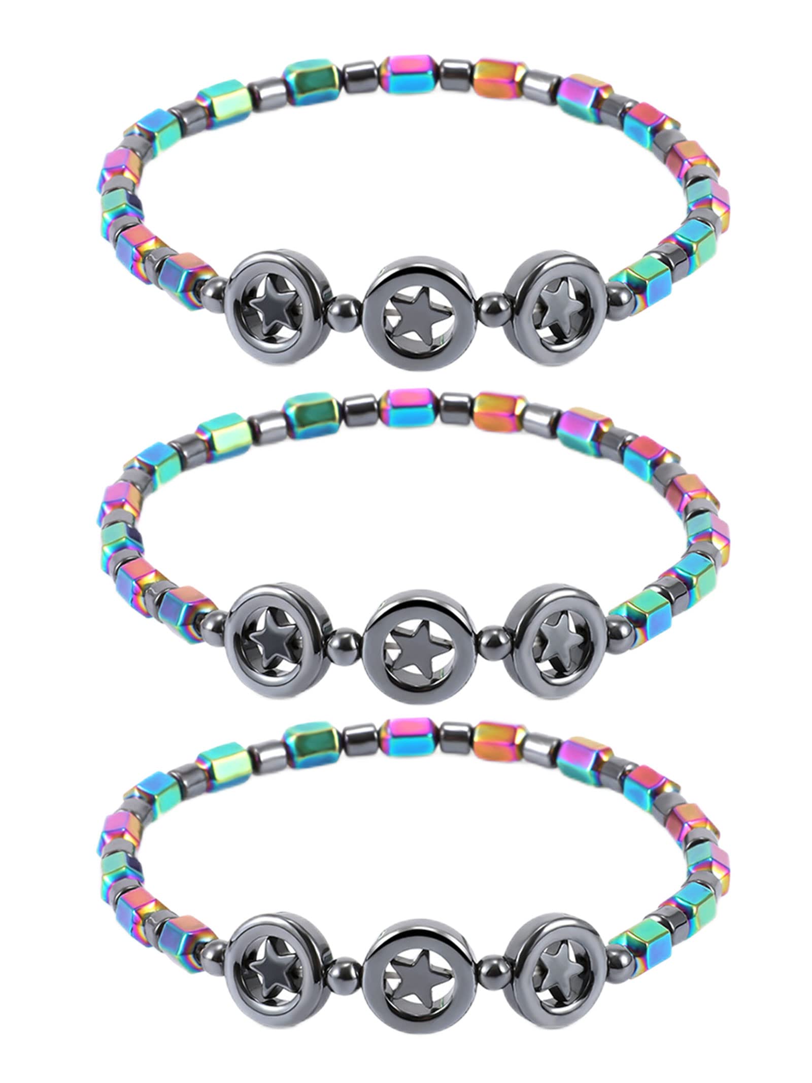 Magnetic Hematite Bracelet Set for Women & Men - Weight Loss Therapy Bracelet with Rainbow Beads, Anxiety Relief & Pain Relief - Circle Star Ankle Bracelets for Wellness, Fashion & Daily Wear