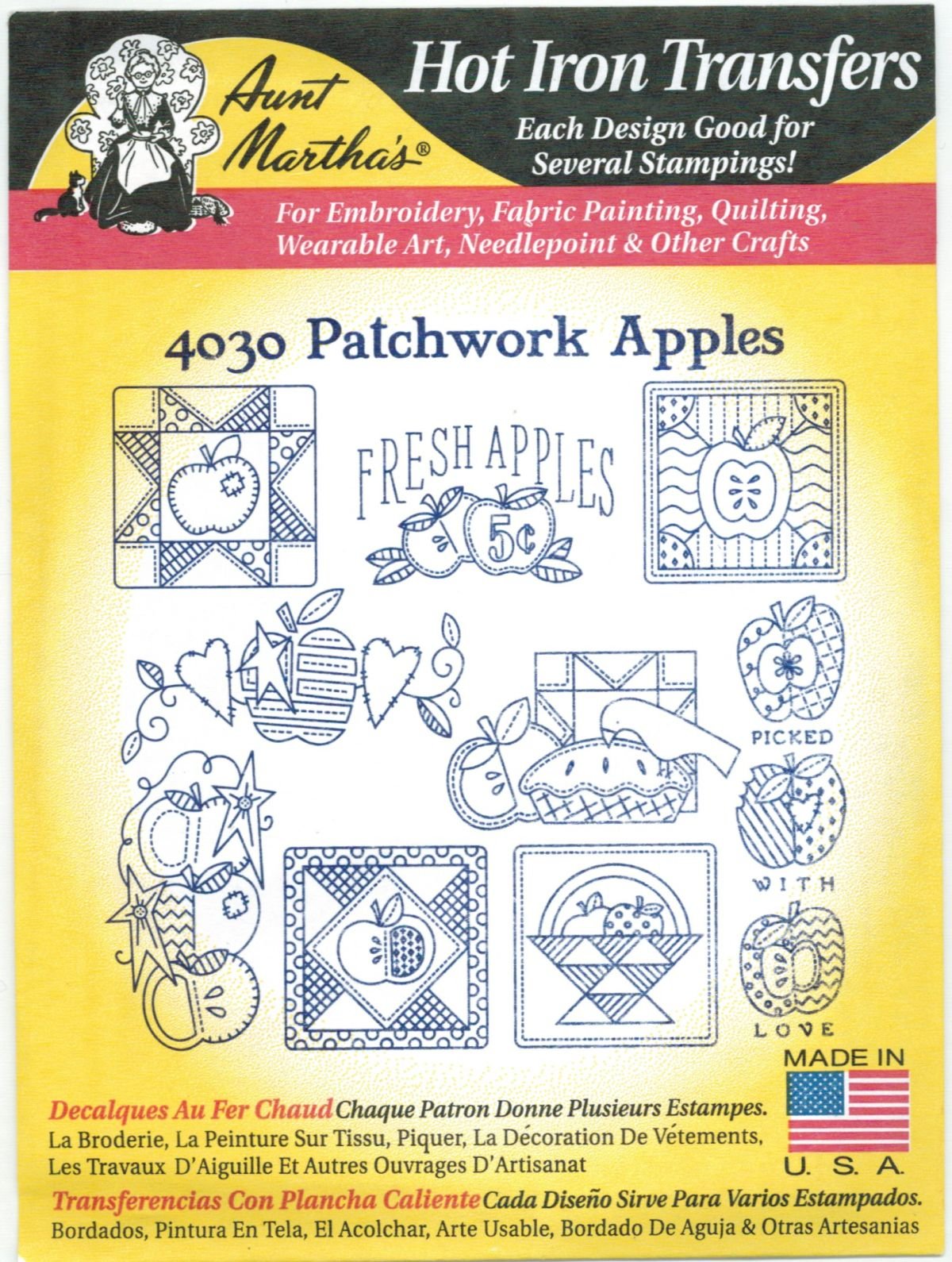 Aunt Martha's Hot Iron Embroidery Transfer - Patchwork Apples Design for DIY Quilting & Craft Projects | Perfect for Home Decor, Gift Making & Fabric Art