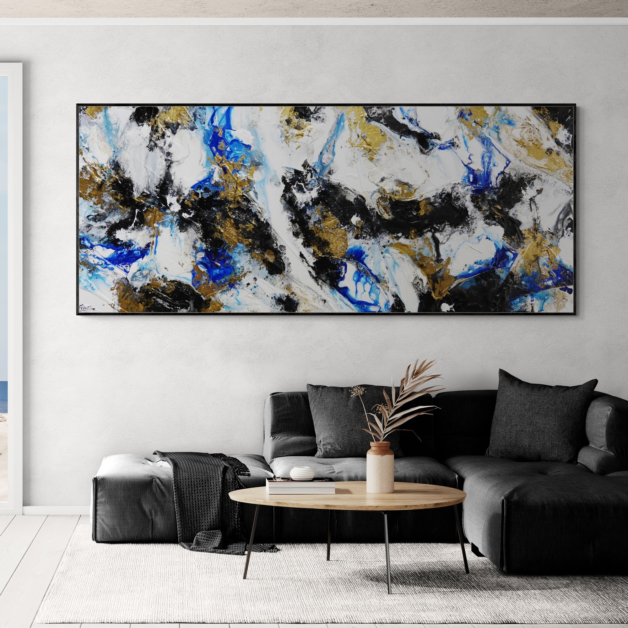 Golden Genesis 240x100cm Blue White Metallic Gold Textured Abstract Wall Art Painting - Modern Home Decor for Living Room, Bedroom & Office