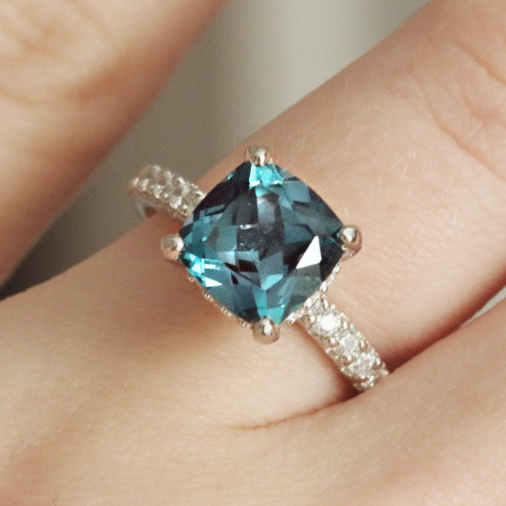 Teal Alexandrite Hidden Halo Ring - Sterling Silver Engagement Ring for Women - Perfect for Proposals, Anniversaries & Special Occasions