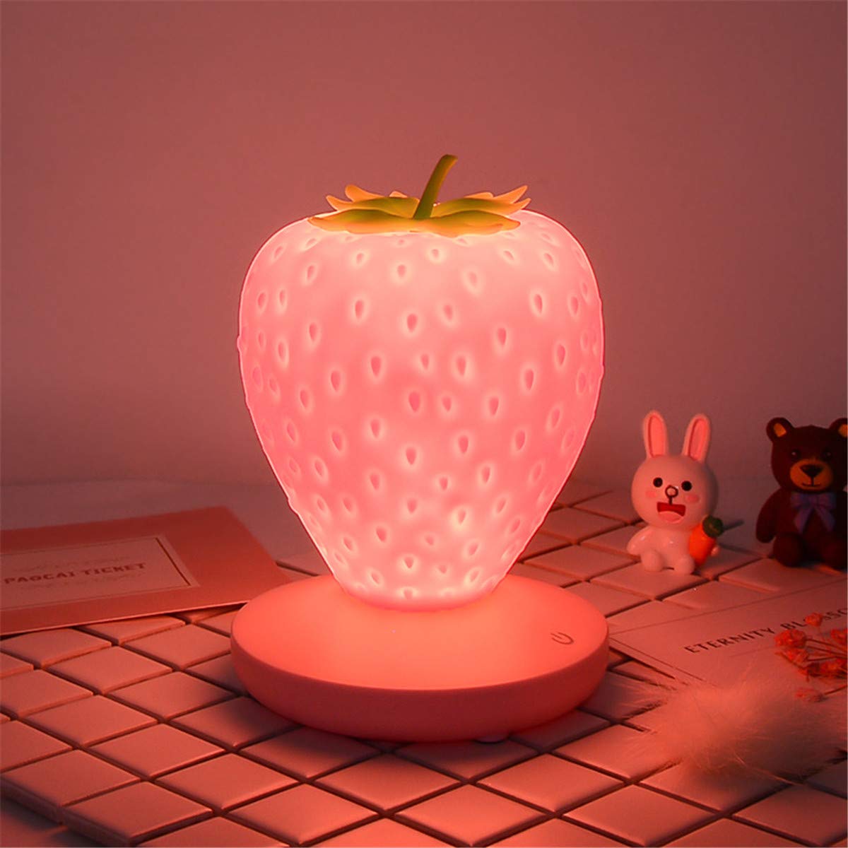 Strawberry Night Light - Soft Silicone Touch Sensor Table Lamp for Kids Room, Bedside, Nursery, Bookshelf & Desk - Pink Cartoon LED Lamp for Bedtime, Reading & Decor