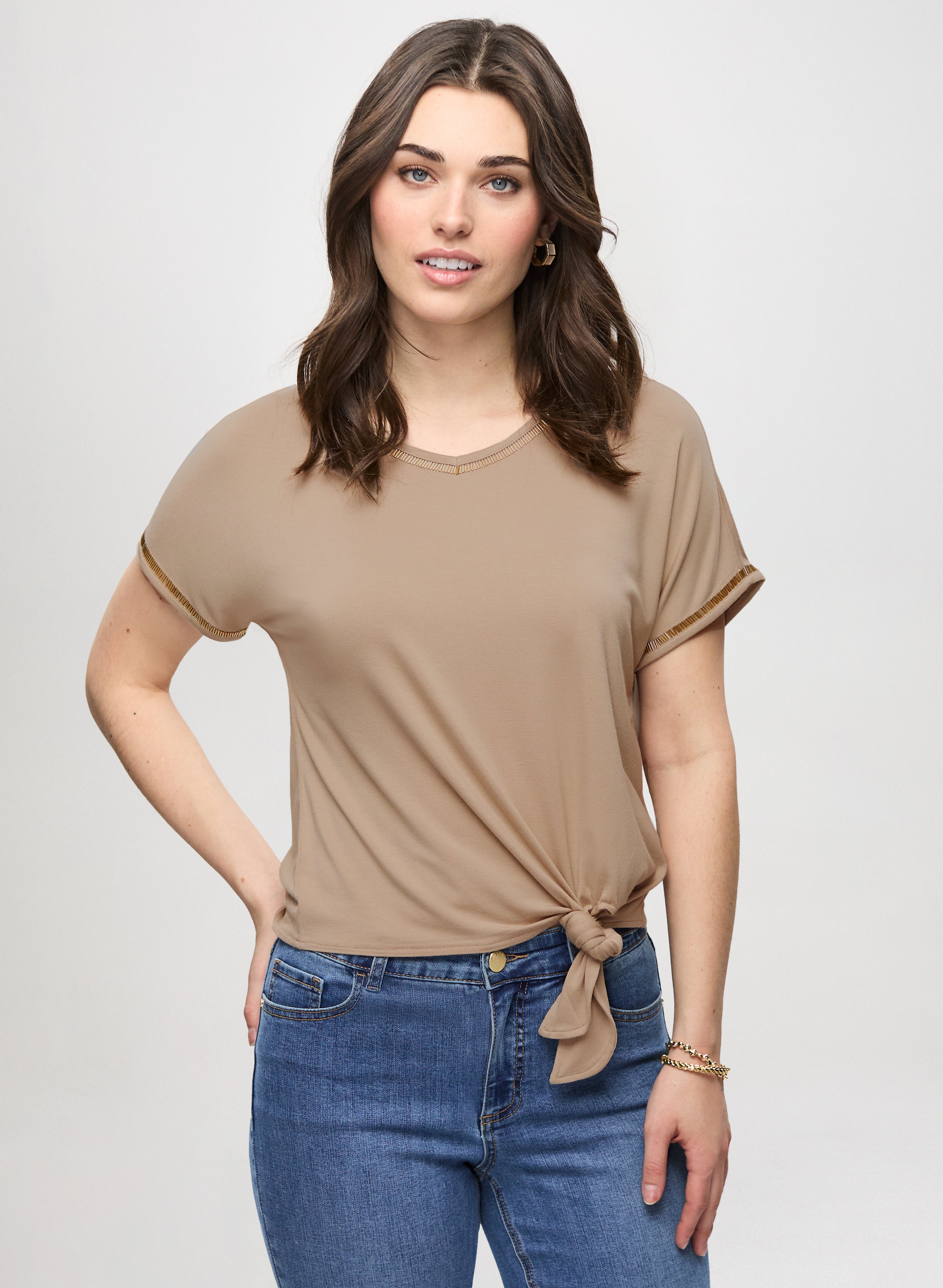 Pearl Trim T-Shirt in Desert Tan for Petites | Style 4010338 1008 257 | Perfect for Casual Wear and Summer Outfits