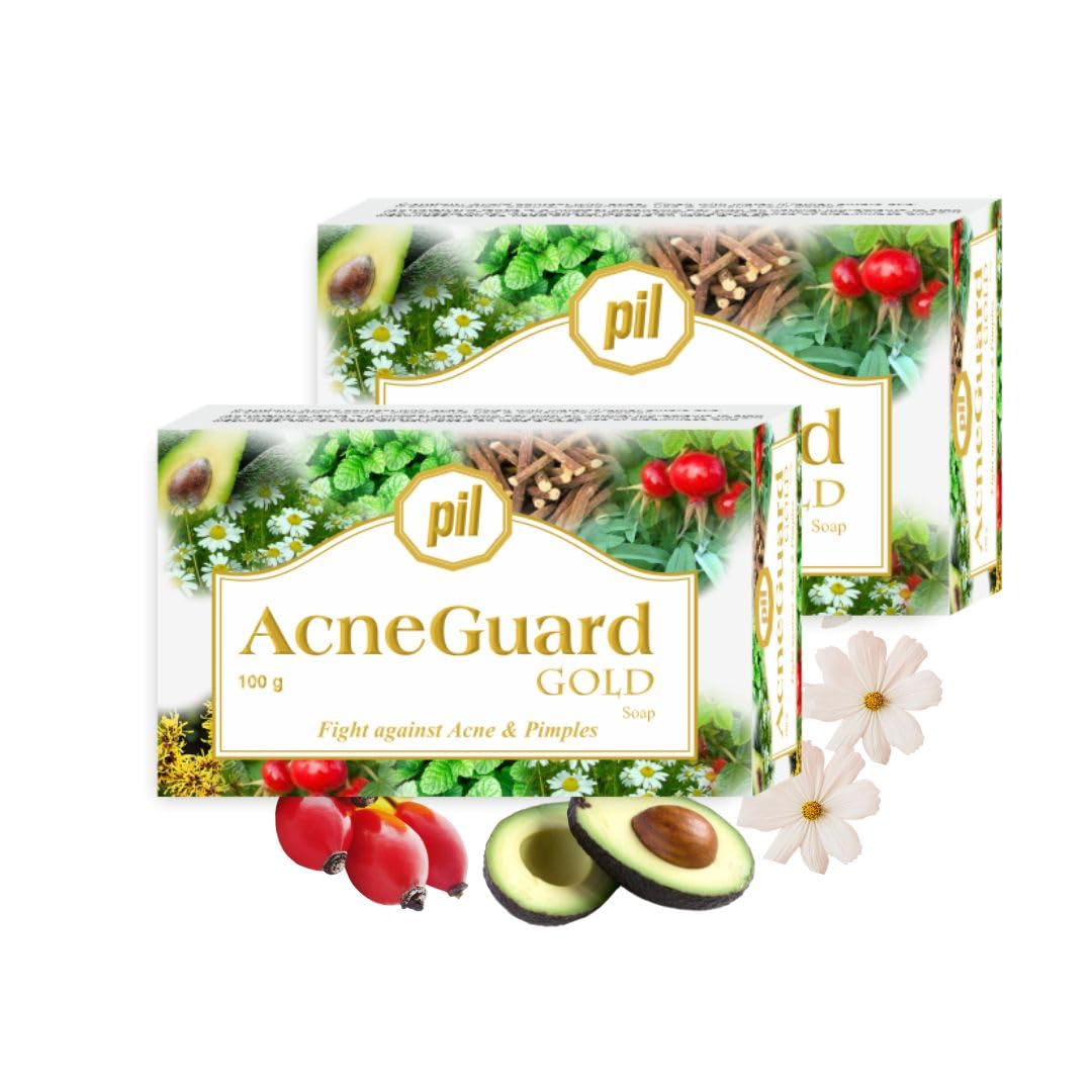 Pil Acneguard Gold Soap - Natural Acne Treatment for Face & Body | Dermatologist Recommended | Clears Pores, Pimples, Blackheads & Whiteheads | Lightens Blemishes & Dark Spots | 2x100g Bars | Perfect for Daily Skincare Routine & Travel