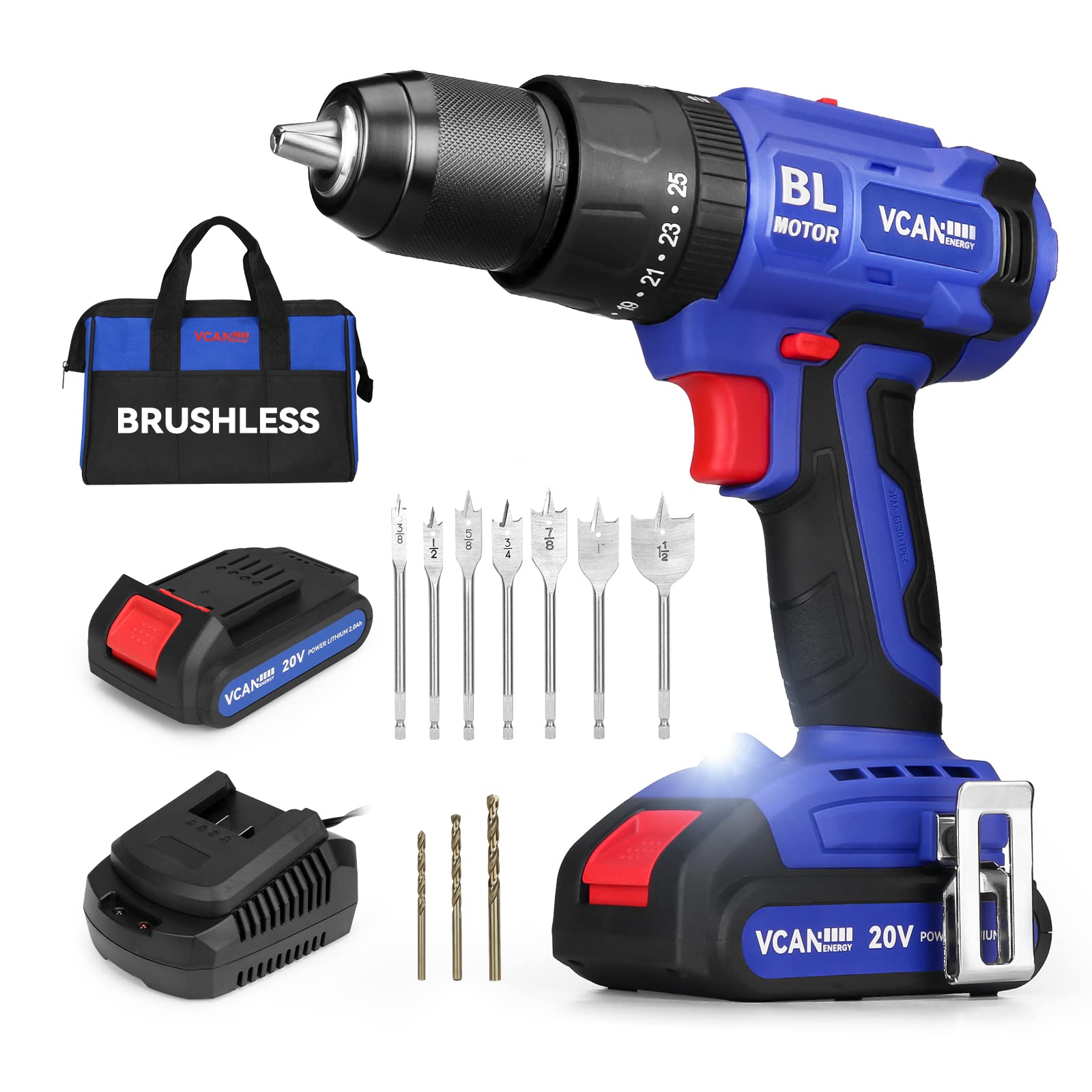 VCANENERGY 20V Brushless Cordless Power Drill with 530 In-lbs Torque - 25+3 Hammer Drill Driver, 1/2