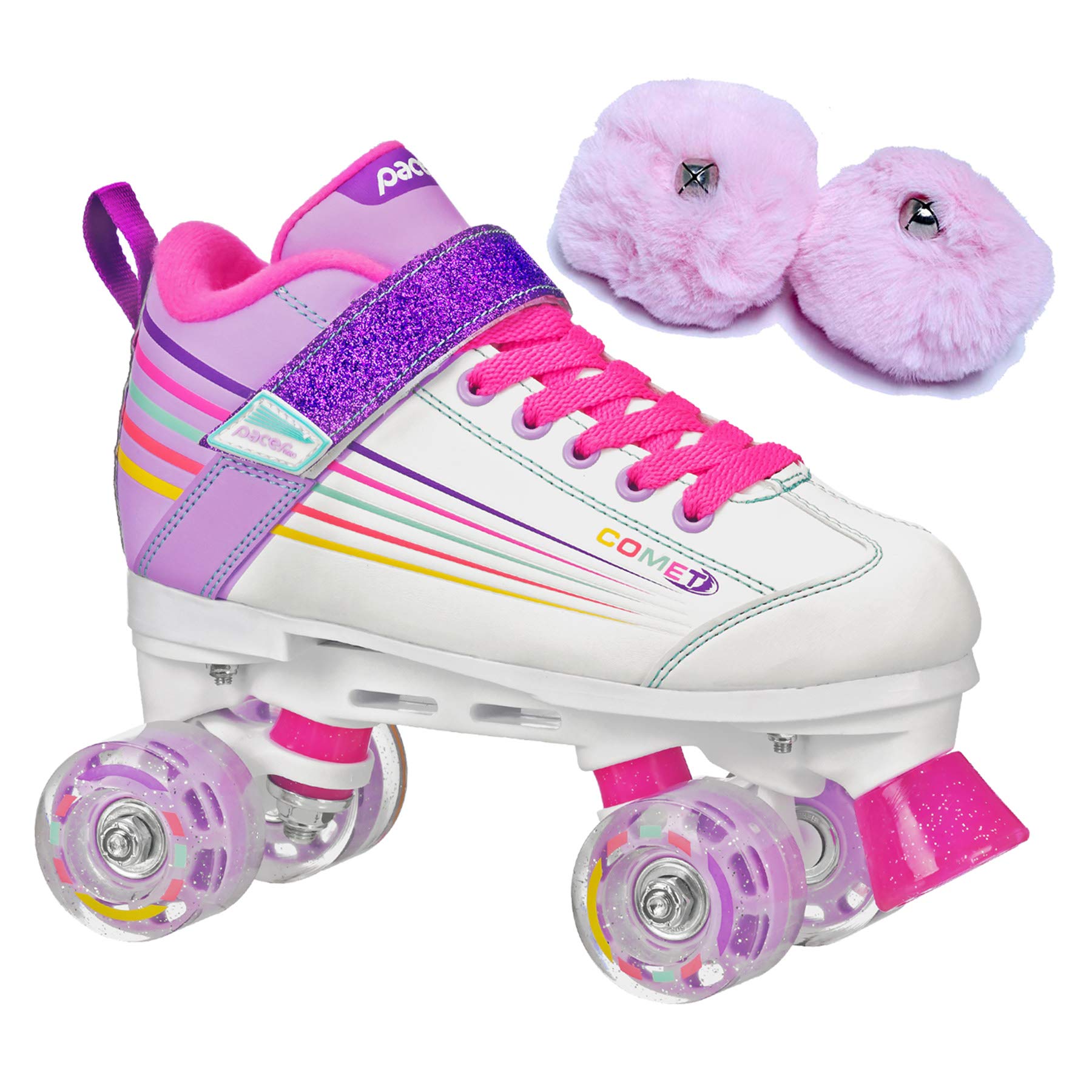 Pacer Comet Kids Light Up Roller Skates with Baby Pink Poms - Adjustable Quad Roller Skates for Girls & Boys Ages 4-12, Perfect for Birthday Gifts, Outdoor Play & Roller Rink Fun