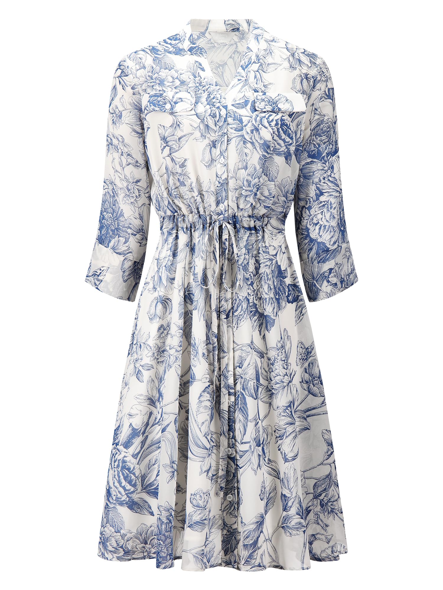 Women's Floral Print A-Line Chiffon Dress with 3/4 Sleeves & Button Front - Elegant Midi Flare Dress for Spring Summer Wedding, Party & Office Wear