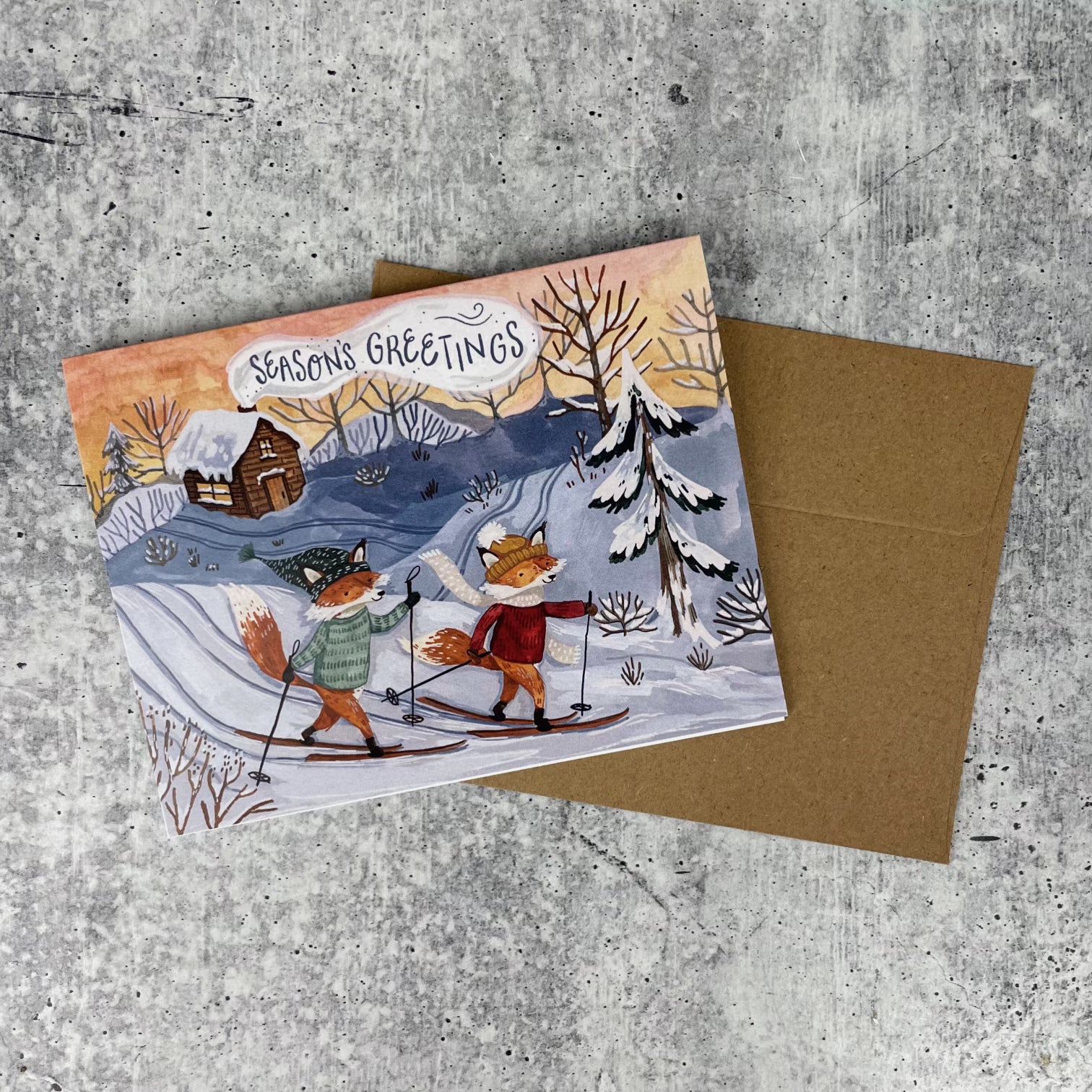 Fox Skiing Christmas Cards - Boxed Holiday Greeting Card Set for Winter & Christmas Celebrations, Parties, and Festive Gifts