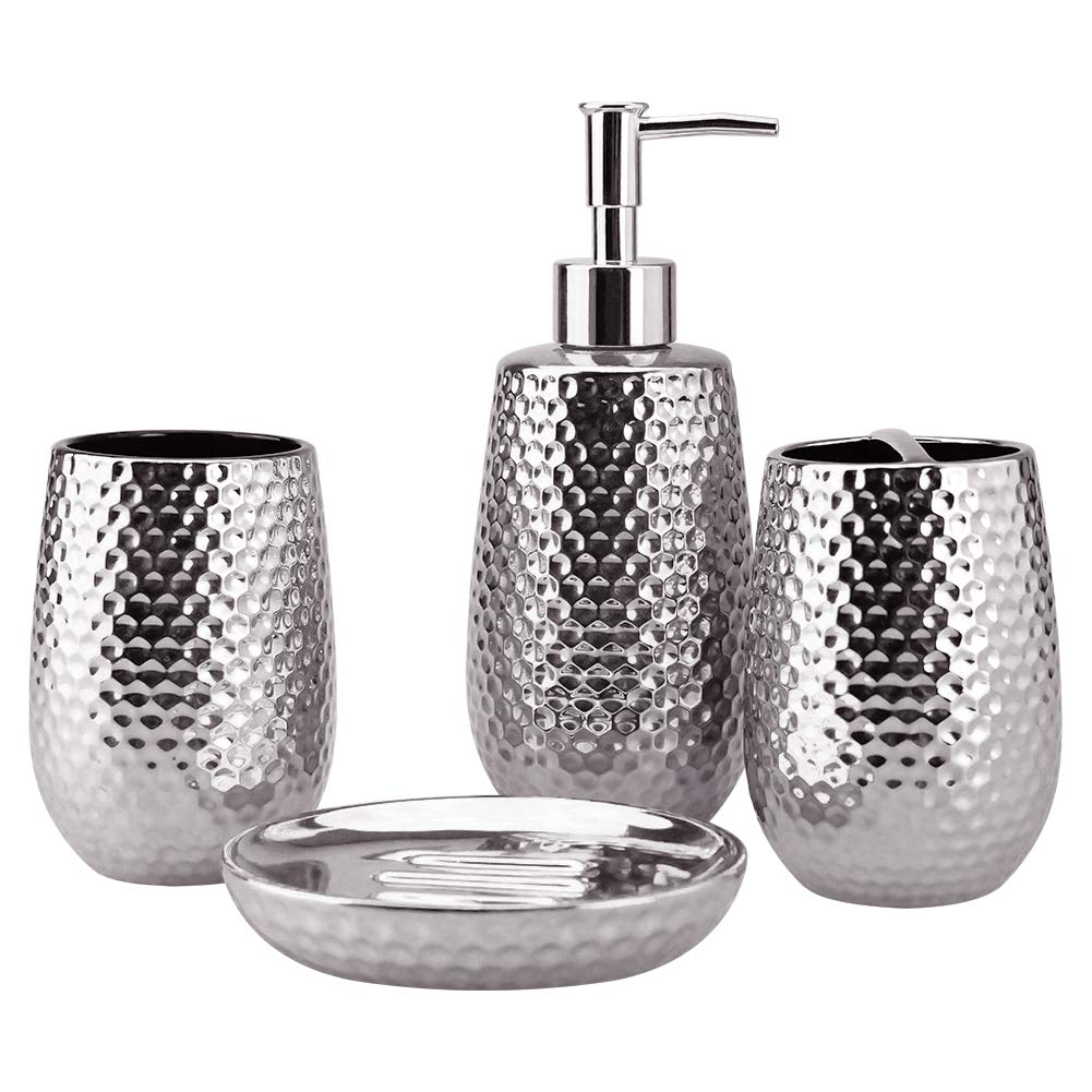 Premium Silver Moroccan Trellis Bathroom Accessories Set - Includes Soap Dispenser, Toothbrush Holder, Tumbler & Soap Dish | Elegant Bath Decor for Modern Homes, Wedding Gifts & Spa Retreats