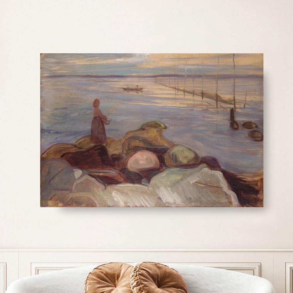 AMANUO Edvard Munch Hand Painted Oil Painting Reproduction - 36x24 Inch (90x60 cm) Seascape Canvas Wall Art 'Bord De Mer, 1898' H4610 - Perfect for Living Room, Bedroom or Office Decor