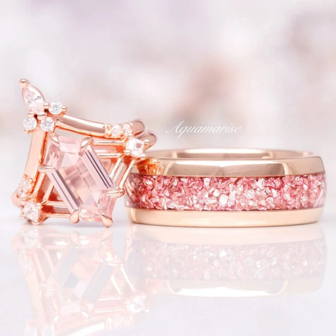 Celtic Hexagon Morganite Couples Ring - Elegant Wedding Band for Her & Him, Promise & Anniversary Jewelry Gift - Perfect for Engagements, Valentine's Day & Romantic Occasions