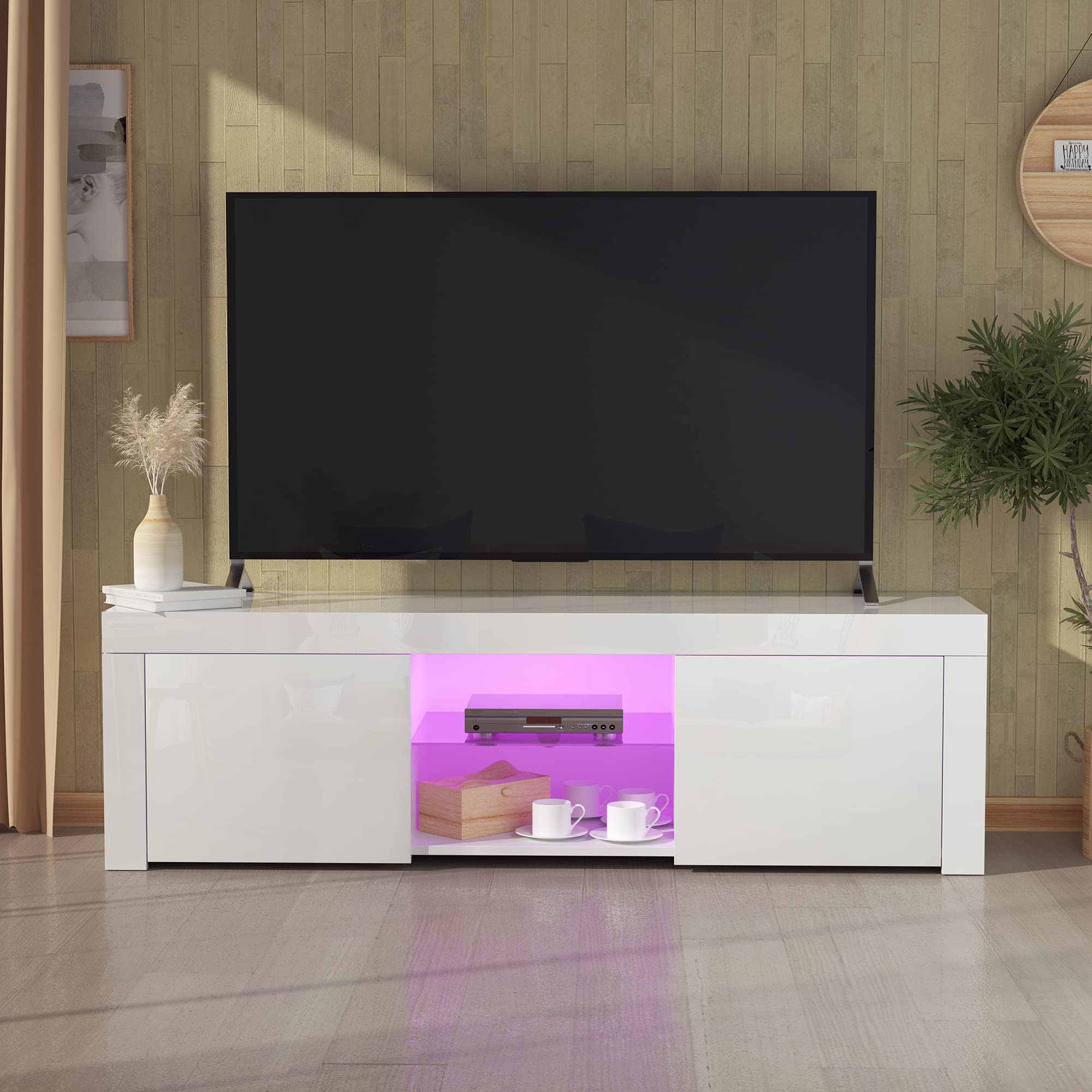 White Modern TV Stand with LED Lights - Glossy Cabinet for Living Room & Bedroom