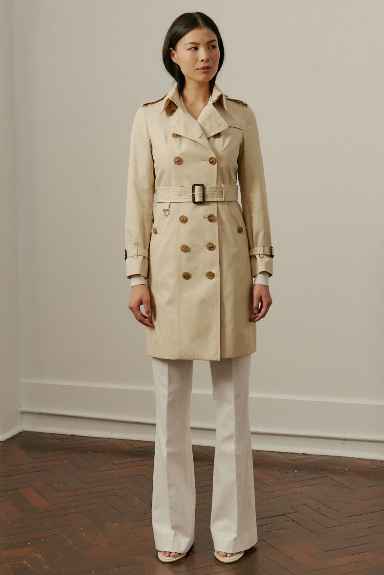 Stylish Abbey Mid-Length Trench Coat for Women - Sand Cotton Gabardine Water-Resistant Jacket | Perfect for Office, Travel & Fall Fashion
