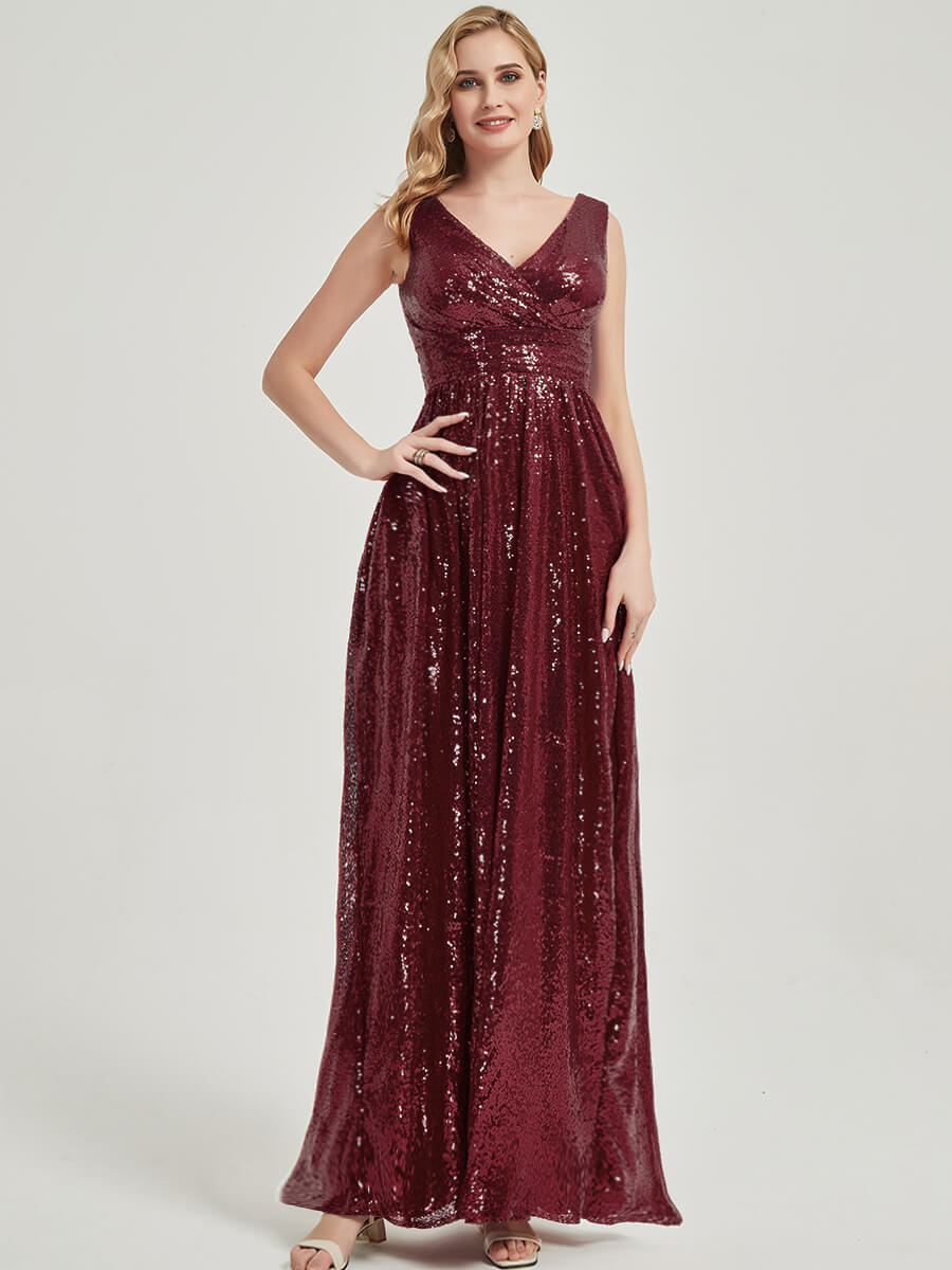Elegant Burgundy V-Neck Sleeveless Empire Waist Sequin Maxi Dress for Bridesmaids - Perfect for Weddings, Proms & Formal Evening Events