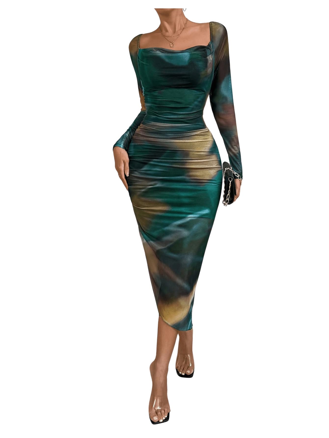 Floerns Women's Tie Dye Long Sleeve Cowl Neck Ruched Bodycon Midi Dress for Cocktail Party, Date Night & Special Occasions